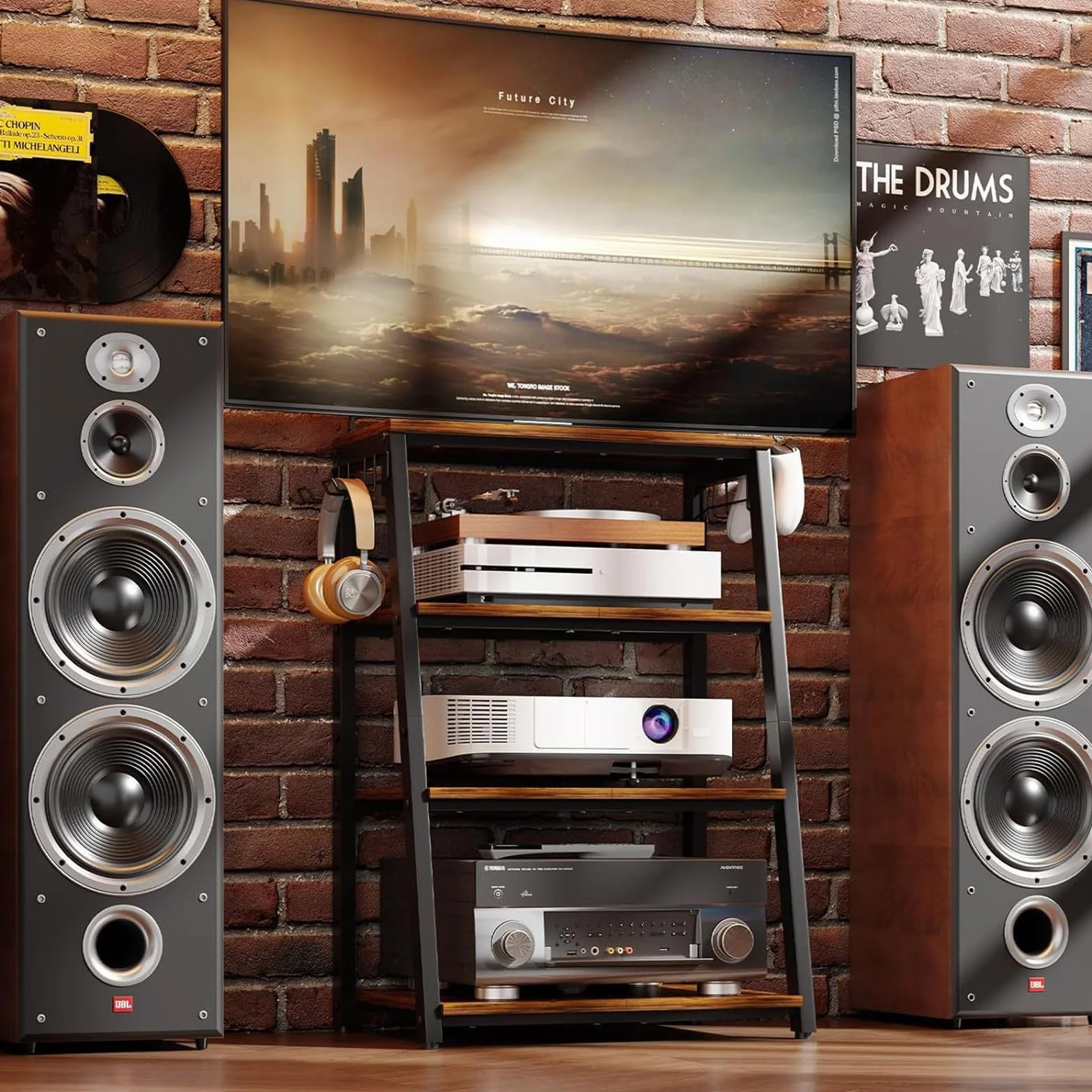 Półka HiFi drewno stal 4-kondygnacyjna haczyki drabina gramofon stereo
