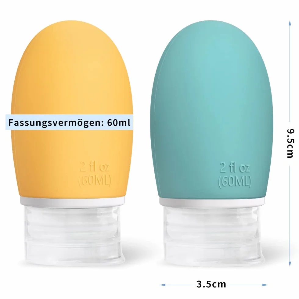 Opret Zestaw 4 silikonowych butelek podróżnych, 60 ml, szczelne, do wielokrotnego napełniania, przenośne pojemniki do szamponu, kremów, odżywki, nie zawierają BPA i posiadają certyfikat TSA