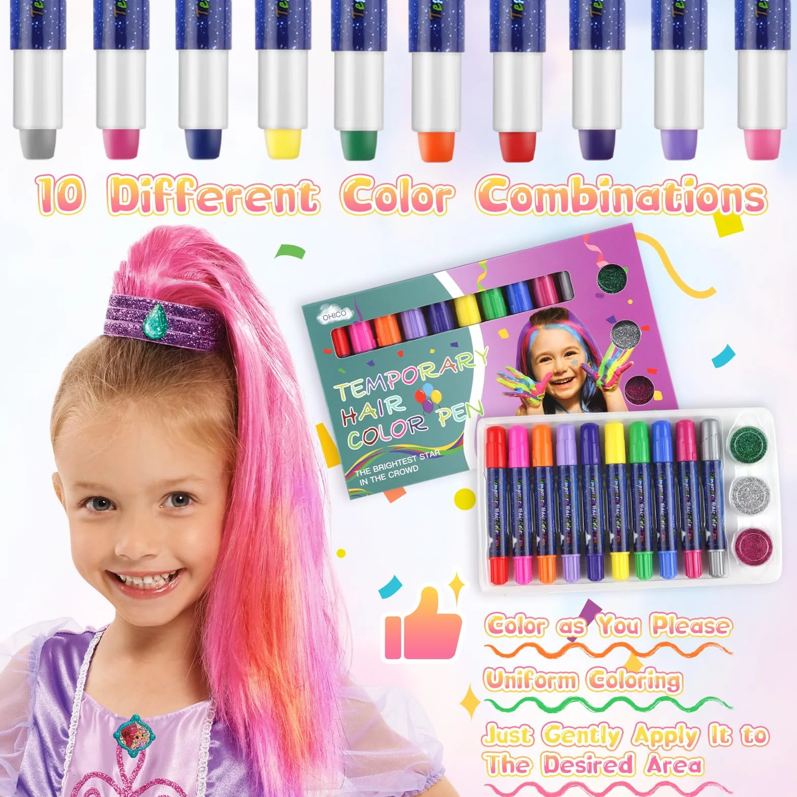 Kreda do włosów dla dzieci Hair Chalk 10 kolorów nietoksyczna zmywalna z grzebieniem i butelką