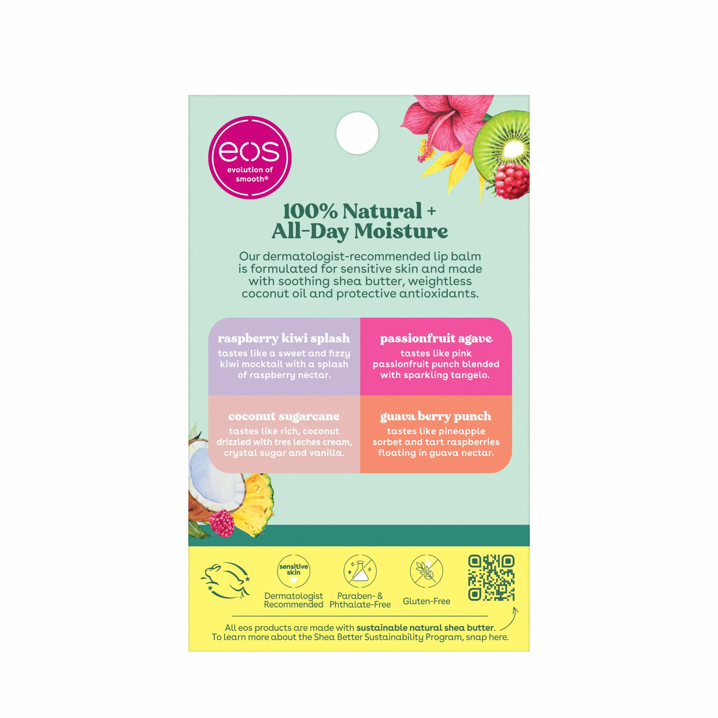 eos FlavorLab Super Soft Shea balsam do ust w patyczkach - Totally Tropical zestaw różnych smaków | Nawilżający balsam do ust | 24-godzinna nawilżająca opieka | Bez glutenu | 4 sztuki, smokowiec