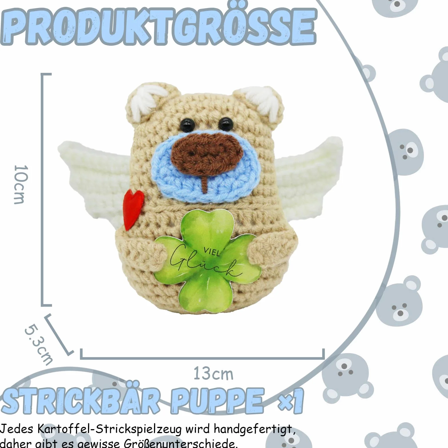 Sugeru Dziergany Aniołek Miś Szczęścia z Liściem Koniczyny Talizman na Szczęście