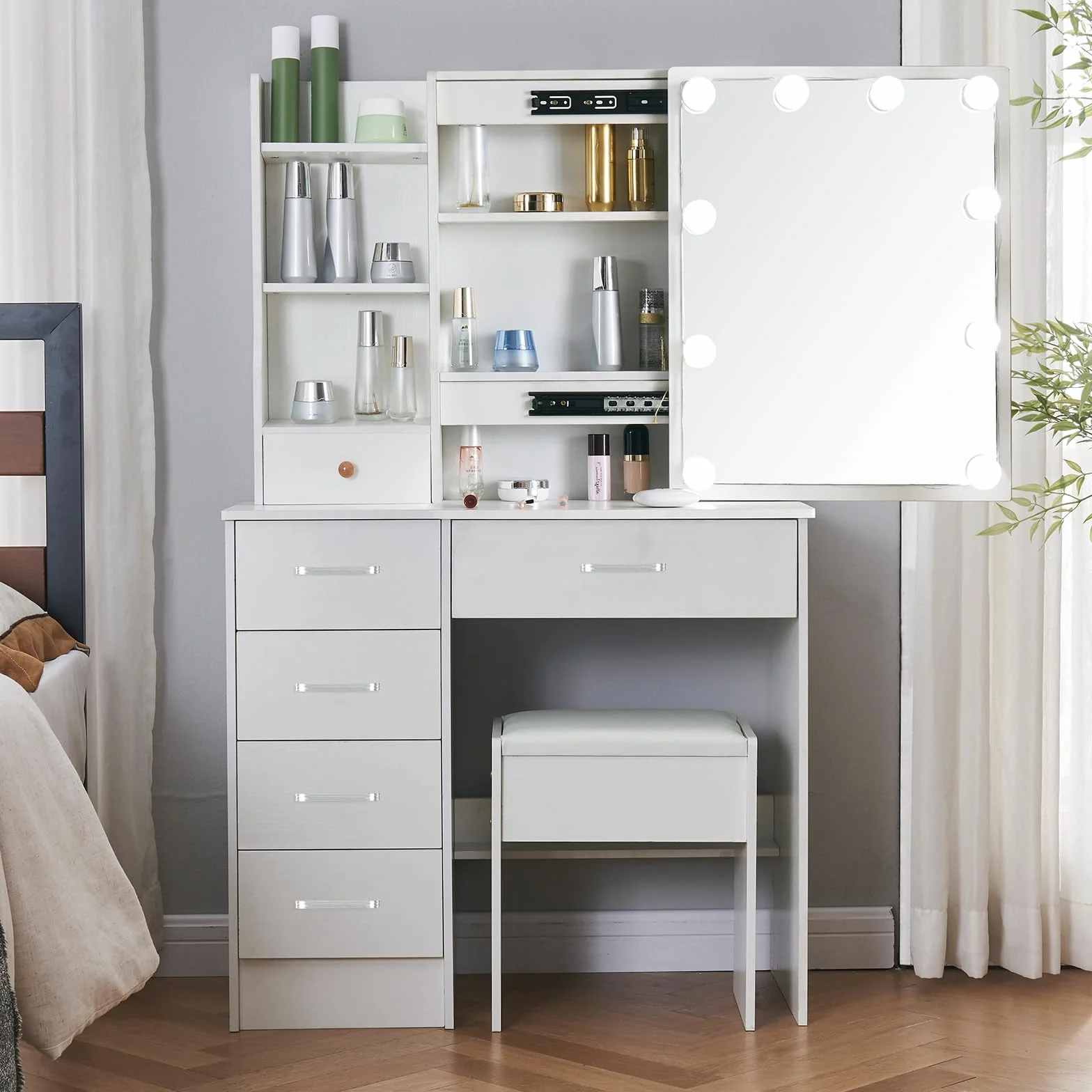 Toaletka z oświetleniem i lustrem stół fryzjerski z taboretem regulowana jasność 3 temperatury barwowe biały 36x80x131 cm