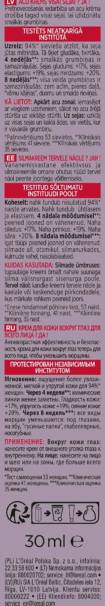 L'Oréal Paris Revitalift Filler Krem Pod Oczy Dla Całej Twarzy 30 Ml