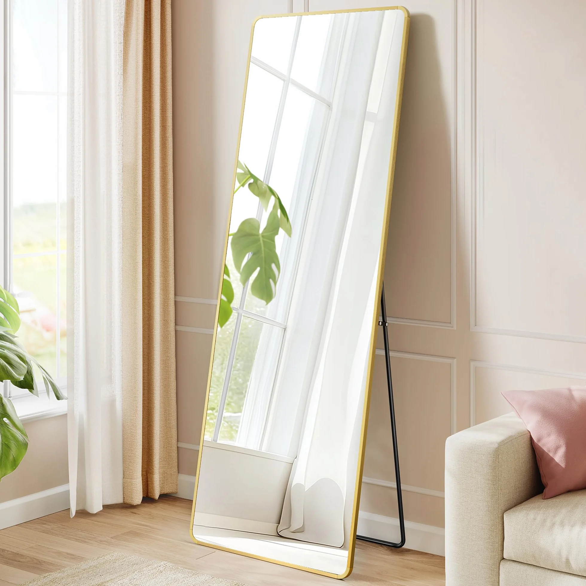 SONGMICS Lustro pełnej długości, 160 x 50 cm, prostokątne lustro całe ciało ze stojakiem, rama ze stopu aluminium, szkło hartowane, do sypialni, salonu, szatni, bladozłoty LFM030A01
