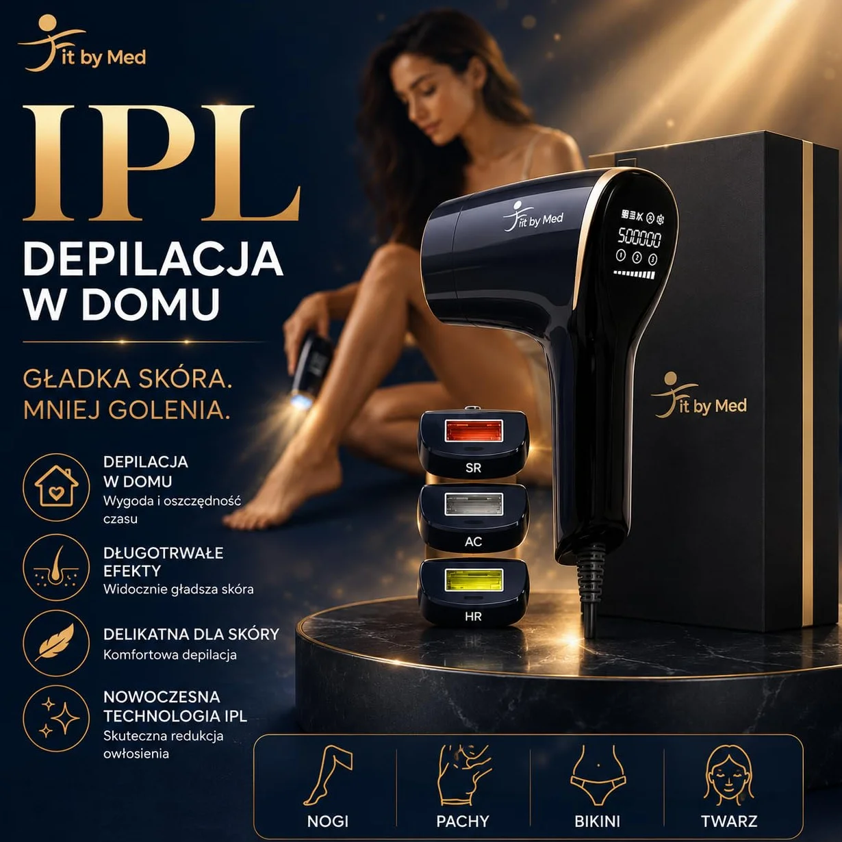 Depilator IPL 3w1, z chłodzeniem Ice Cool – Skuteczna depilacja, odmładzanie i pielęgnacja skóry w domu – 1.5M błysków – 3 wymienne lampy, bezpieczny i wygodny w użyciu – FitbyMed