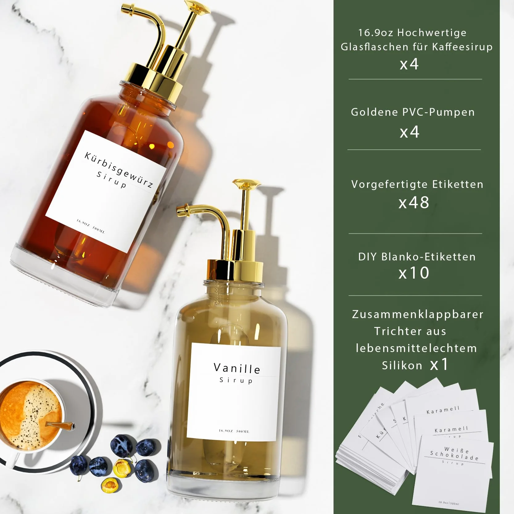 dozownik i syrop do kawy, akcesoria barowe, z 58 etykietami, 500 ml, zestaw 4 szt.