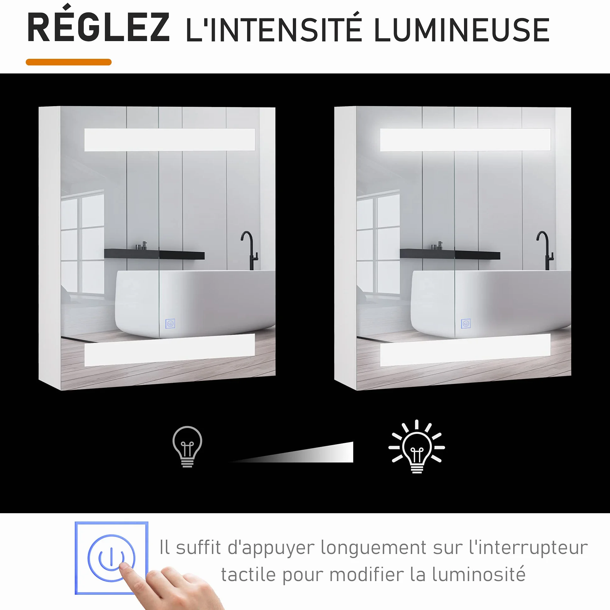HOMCOM Podświetlane lustro LED Szafka ścienna Projekt łazienki 2 w 1 Słońce. 50L x 15 l x 60H cm MDF Biały