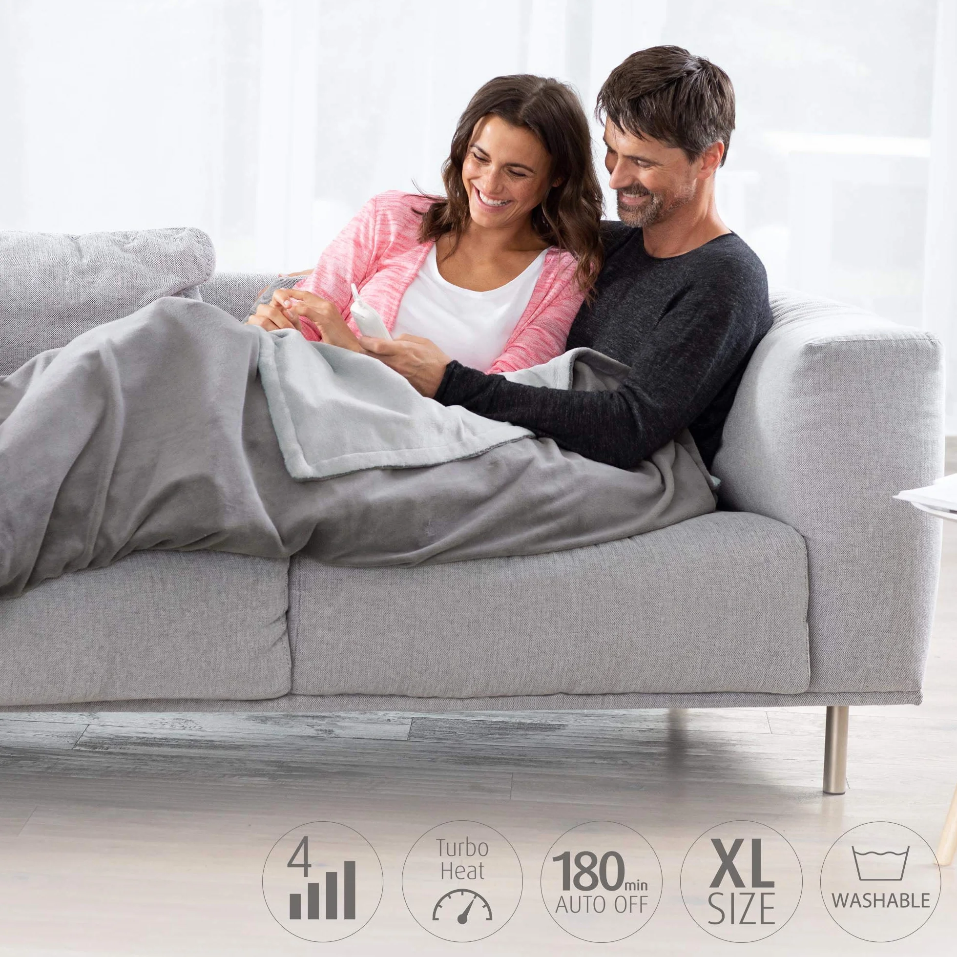 Medisana HDW Cuddly Heating Blanket, zmywalny, przytulny koc z automatycznym wyłączaniem, 4 ustawienia temperatury, 180 x 130 cm, dwukolorowy, odwracalny wygląd, szary - ciemnoszary