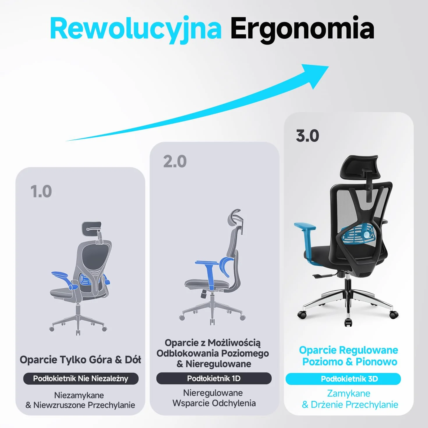 Ticova Ergonomiczne krzesło biurowe z wysokim oparciem, regulowanym podparciem lędźwiowym, zagłówkiem i podłokietnikiem 3D