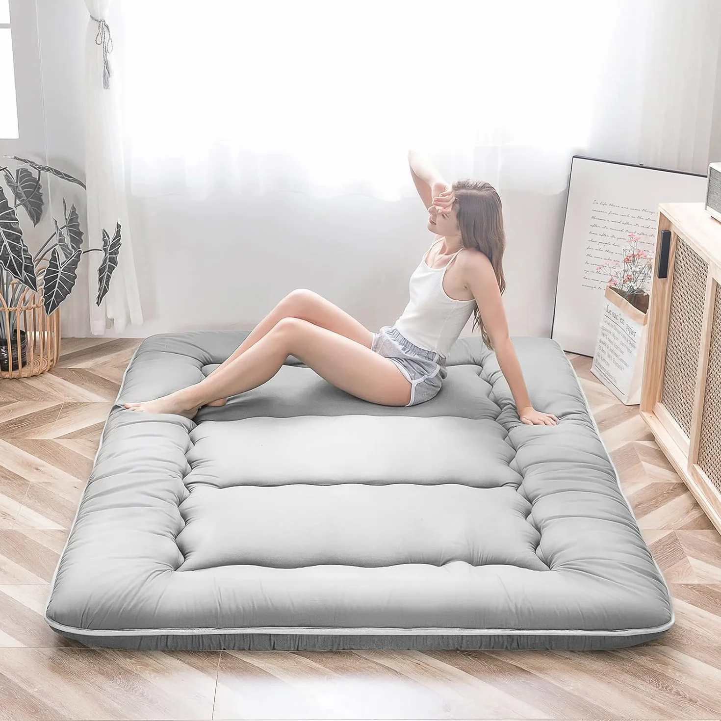 MAXYOYO Japoński materac podłogowy futon mata tatami składany zwijany rozmiar podwójny szary