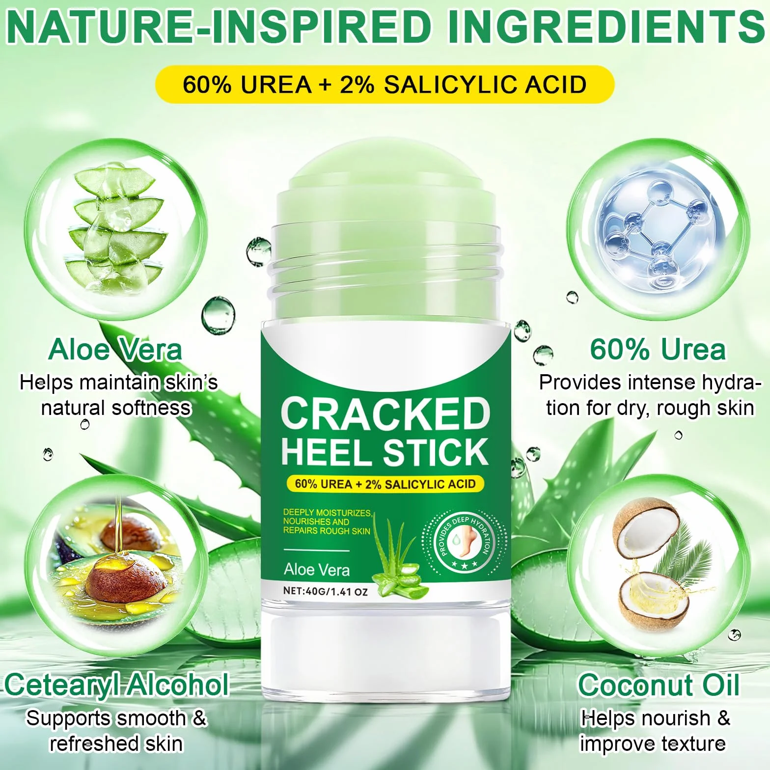 Aloe Vera sztyft do pielęgnacji stóp z 60% mocznikiem, 2-pak – łagodzi suche, popękane pięty, 2% kwas salicylowy, nawilżający balsam do stóp, nawilżający, wegański, nietestowany na zwierzętach