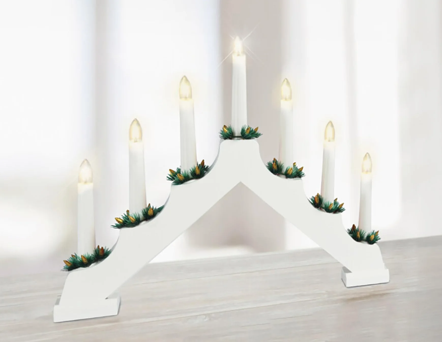 Drewniany łuk świetlny 39 cm z 7 świecami LED i timerem – biały – dekoracja bożonarodzeniowa z oświetleniem – świecznik adwentowy, łuk świetlny, mostek na świece, okno, dekoracja na baterie