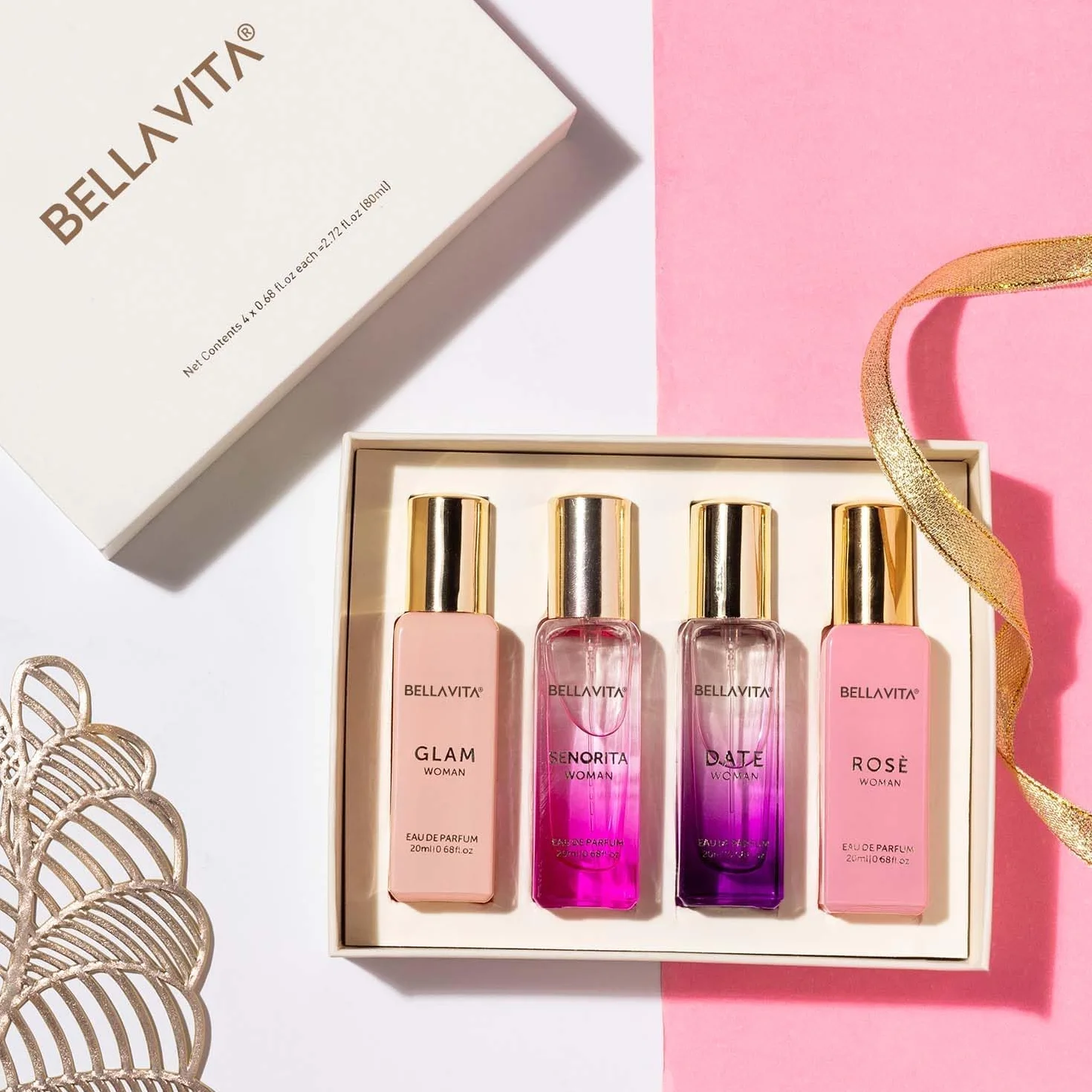 BellaVita Luksusowy zestaw upominkowy dla kobiet (4 x 20 ml) | DATA, SENORITA, GLAM, ROSE | Sweet Floral, Musk & Vanilla Perfume | Cologne Pheromone Perfume for Women | Zestaw upominkowy dla kobiet |