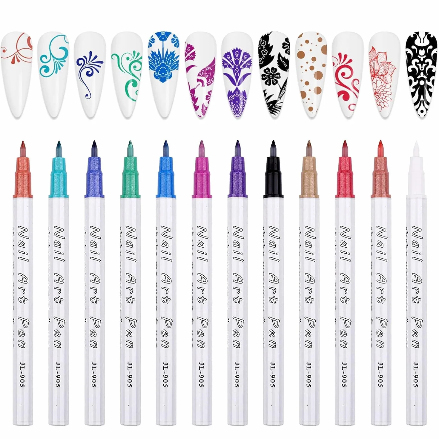 Zestaw 12 piór do paznokci z metalicznym proszkiem 3D, Kalolary Nail Point Graffiti Dotting Pen Drawing Painting Liner Brush do wykonywania zdobień i malowania paznokci w stylu DIY. Narzędzia do manicure i zdobienia paznokci (C)