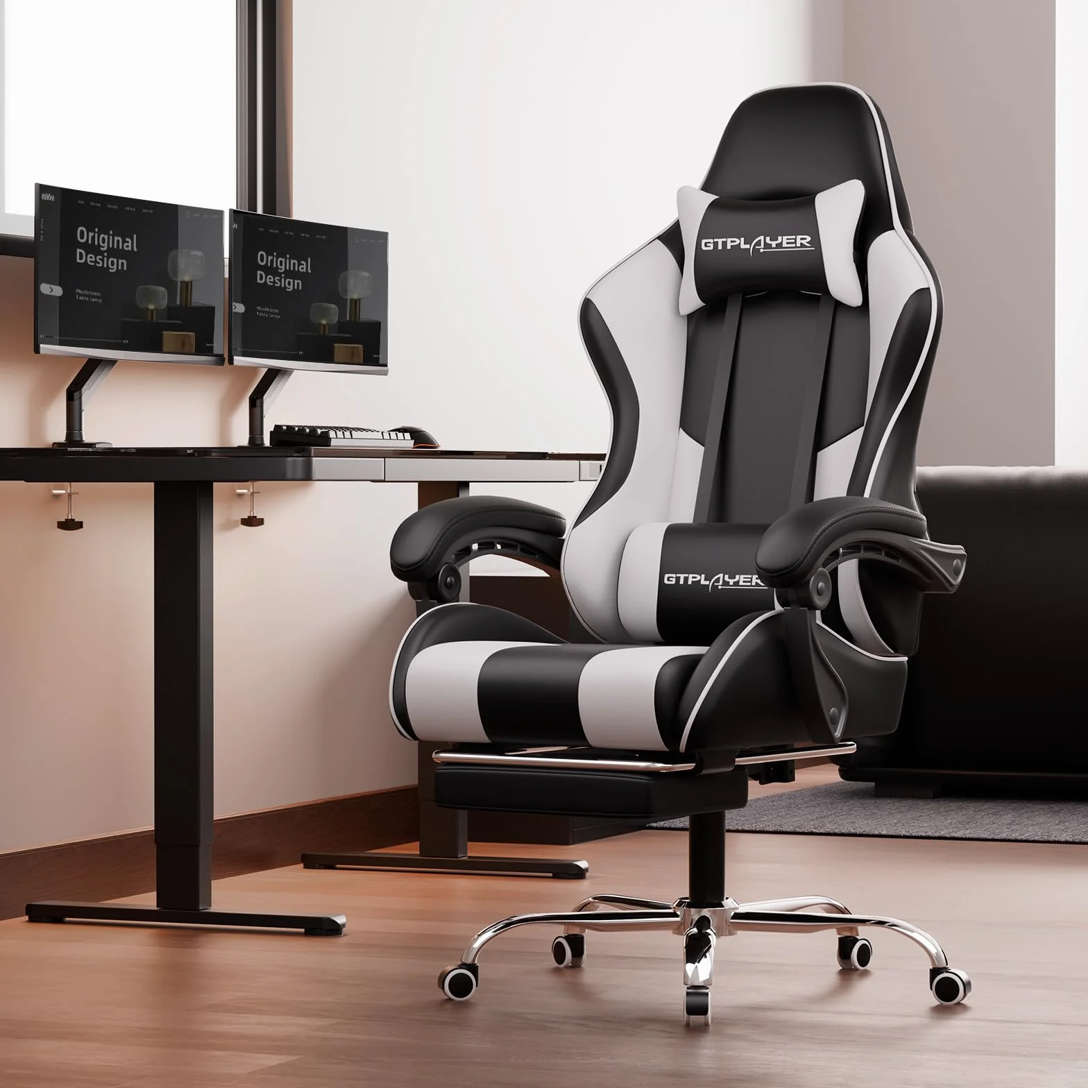 GTPLAYER Fotel gamingowy, ergonomiczny fotel komputerowy z podnóżkiem i podparciem lędźwiowym, fotel gamingowy z regulacją wysokości, z siedziskiem obrotowym o 360° i zagłówkiem, biały