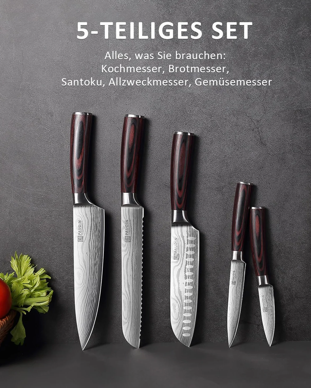 Paudin Profesjonalny zestaw noży kuchennych 5 szt. japońskich ze stali nierdzewnej Santoku