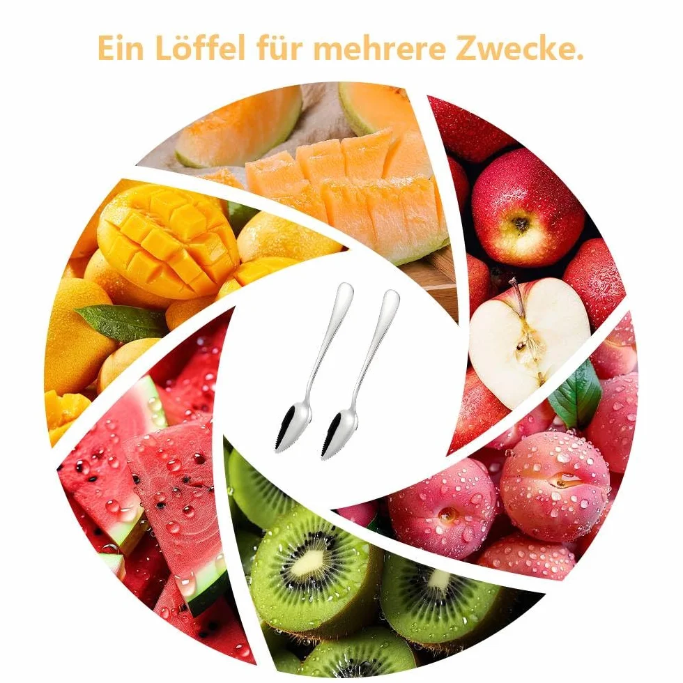 Łyżka grejpfrutowa do owoców, 2 sztuki, stal nierdzewna, łyżeczki do kiwilli, nadają się do mycia w zmywarce, z ząbkowaną krawędzią, łyżeczka deserowa do owoców do jedzenia