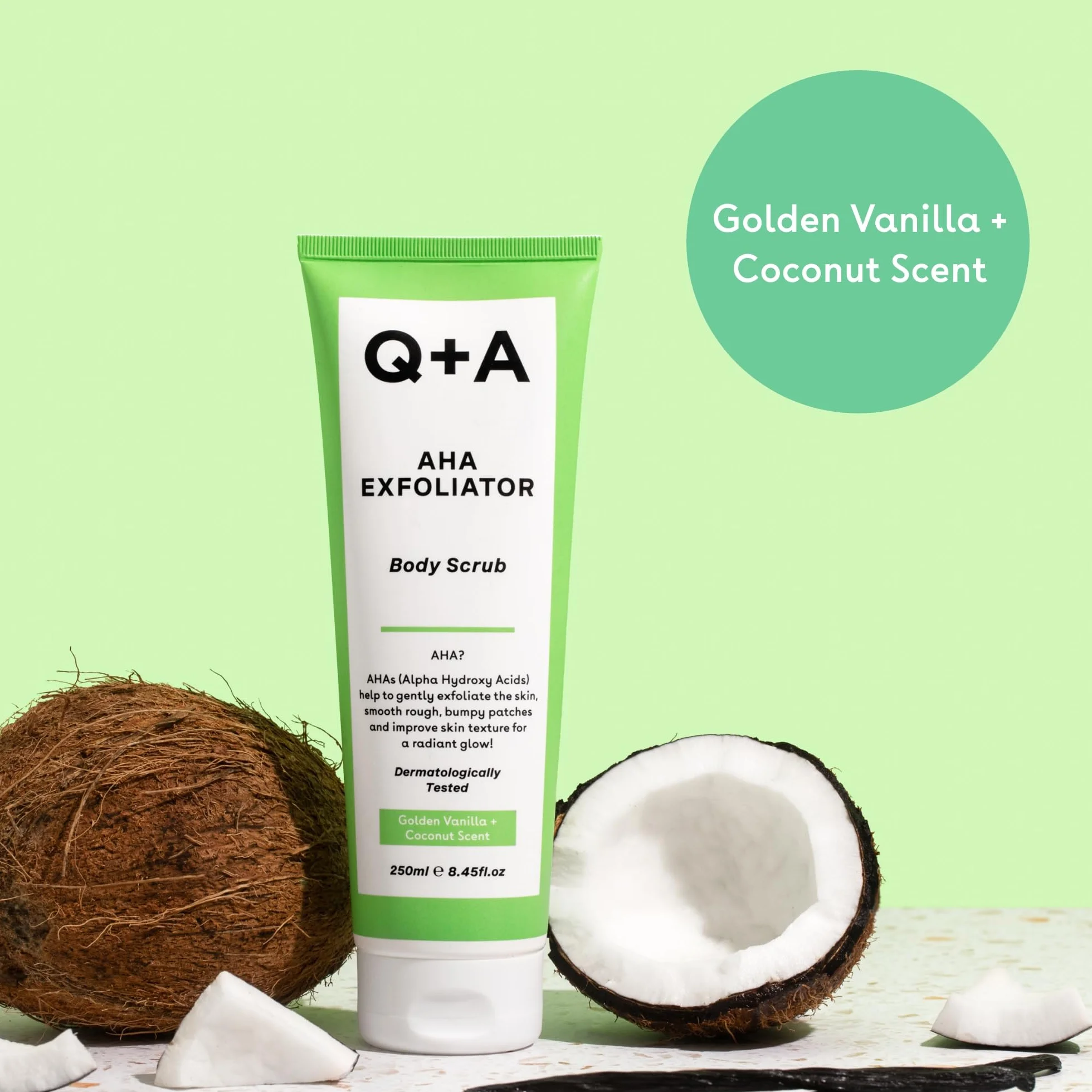 Q+A Peeling AHA do Ciała - Odnowa Skóry. Mieszanka kwasów AHA: kwasu mlekowego i glikolowego w połączeniu z eksfoliantami poprawia teksturę skóry i promuje jej miękkość i elastyczność, 250ml.