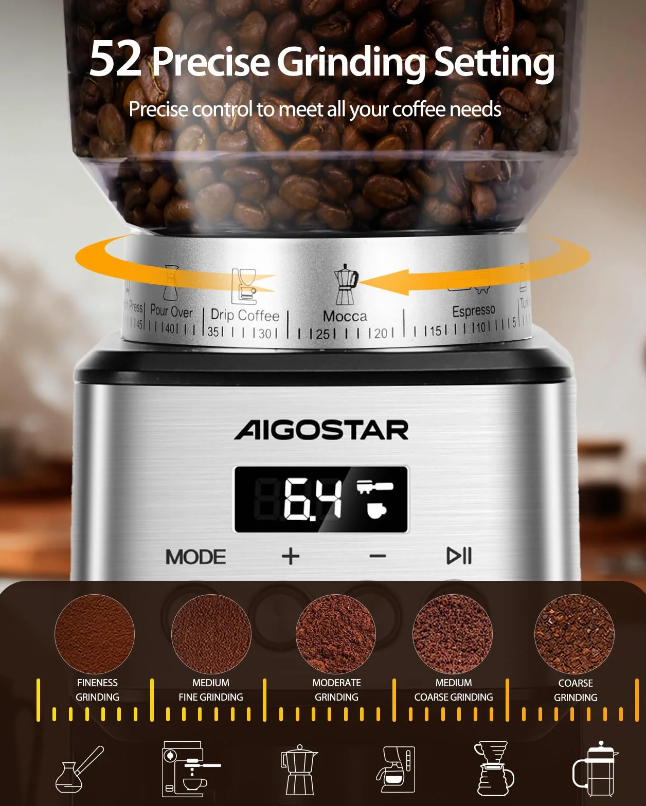 Aigostar Elektryczny Młynek do Kawy z 52 Stopniami Mielenia, Młynek Stożkowy Nadający się do Espresso, Profesjonalny Elektryczny Młynek do Kawy z Precyzyjnym Wyświetlaczem Cyfrowym