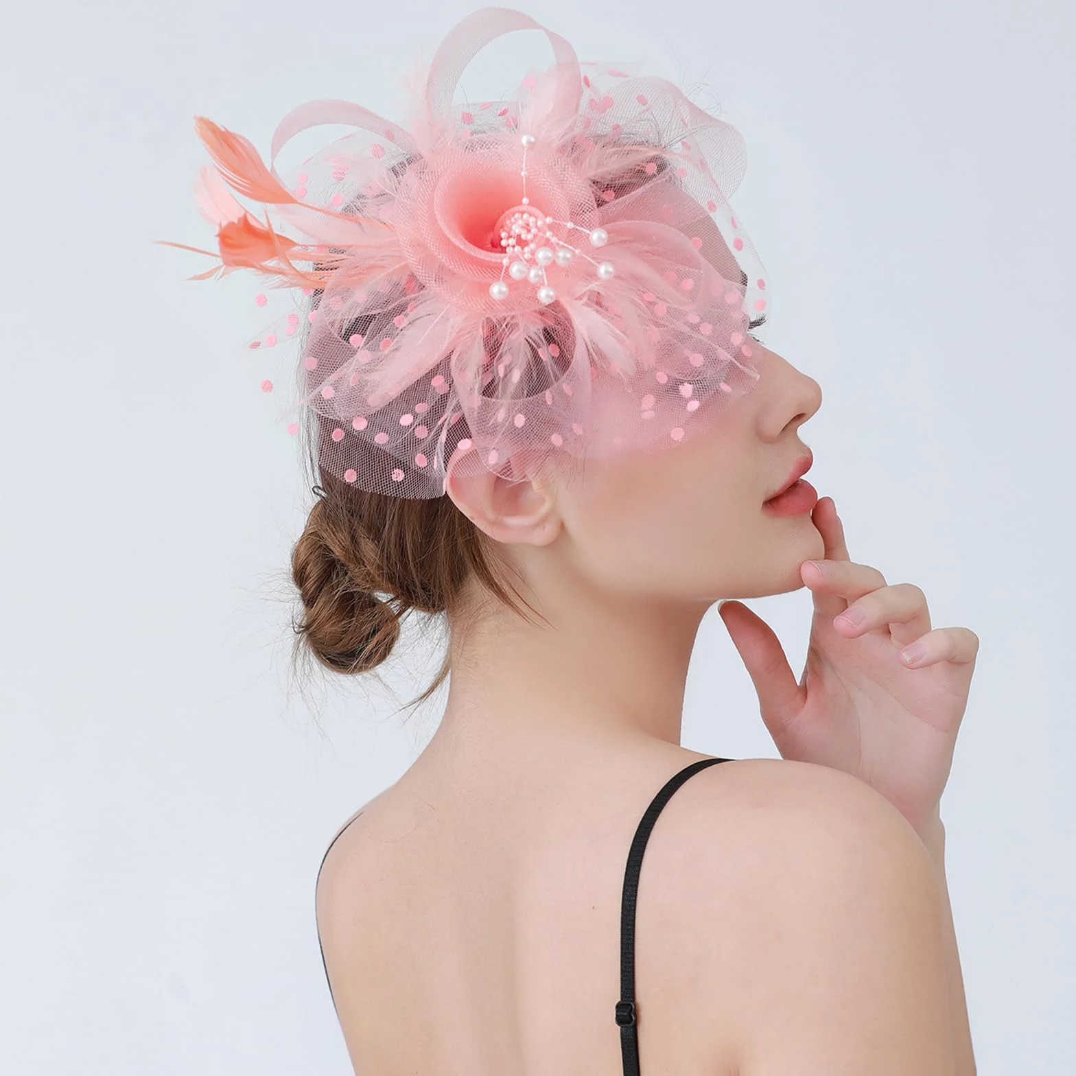 Fascynator Kapelusz z piór Ślub, Feather Fascinator Kapelusz Kwiat Siatki Pióra Ślubne Kobiety Bibi Czapki Ceremonia Kwiatowy Dzień Włosów Opaska na głowę i Klips na koktajl Tea Party