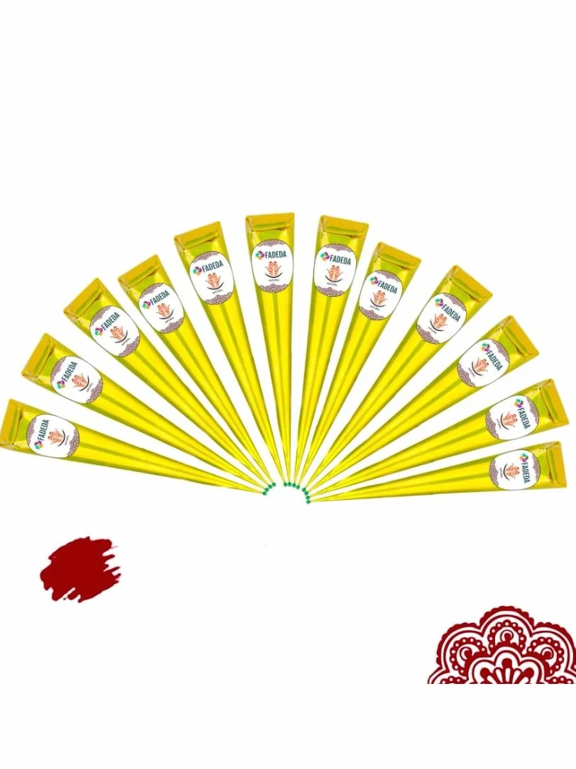 12 x FADEDA stożek henny | 12 x 25 g naturalna pasta | kasztanowobrązowy (czerwono-brązowy) | 100% roślinny | gotowy do użycia i bez PPD