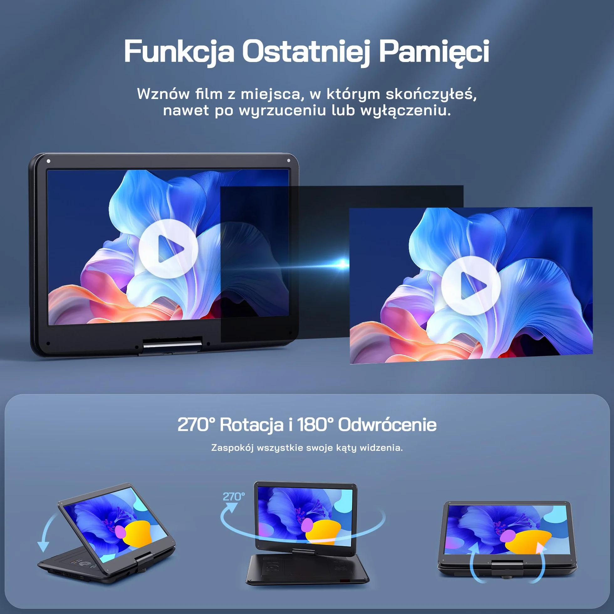 WOLFANG 17,5" Przenośny Odtwarzacz DVD z 15,6" Dużym Wyświetlaczem HD, Akumulatorem 5000mAh, Bez Ograniczeń Regionalnych, Dwoma Głośnikami Stereo, Obsługą USB/SD/Synchronizacji TV/Ekranu Projektora
