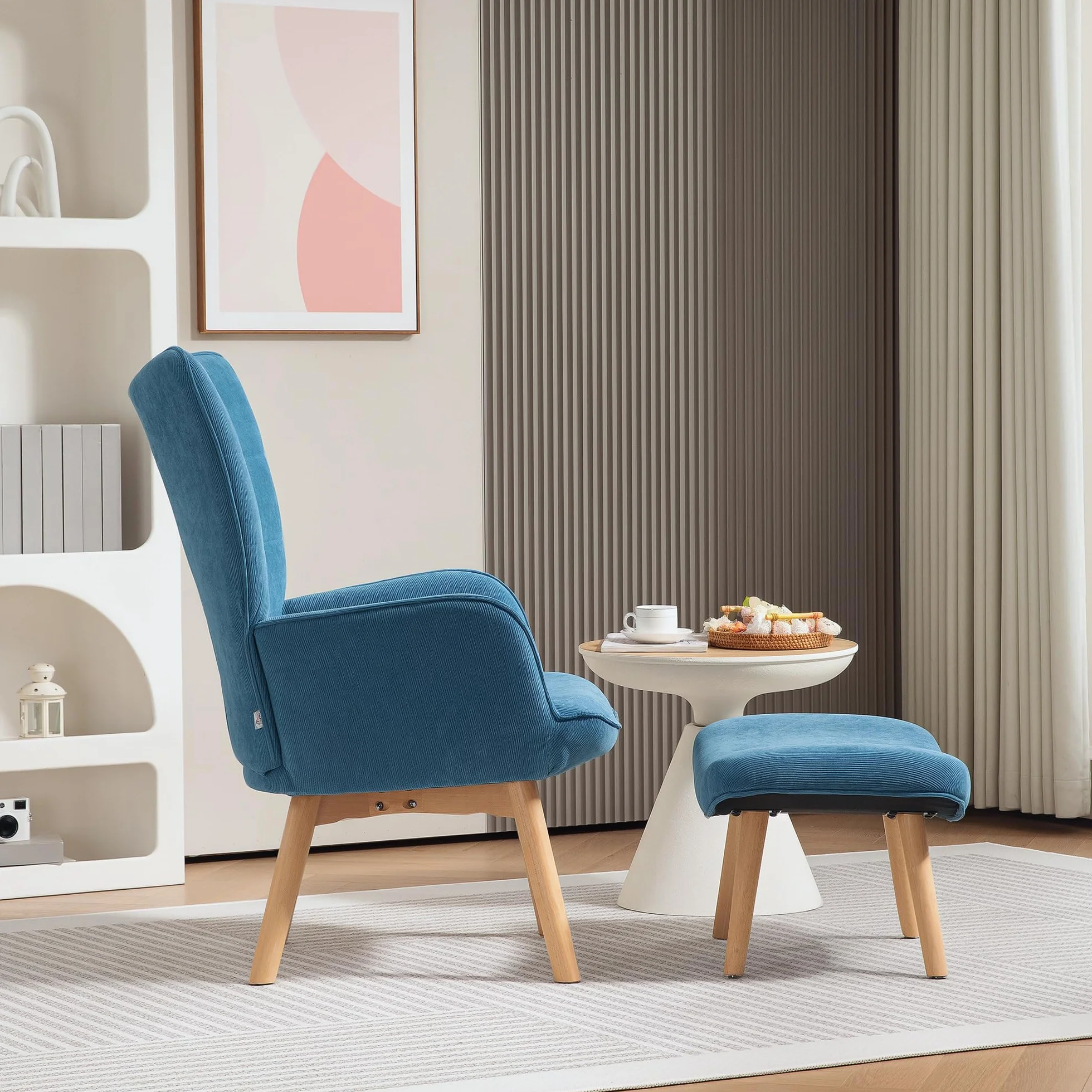HOMCOM fotel z zauszkami z podnóżkiem, fotel typu lounge z efektem żyłkowania, nowoczesny fotel relaksacyjny, fotel z podłokietnikami, fotel do czytania do salonu, sypialni, kolor niebieski