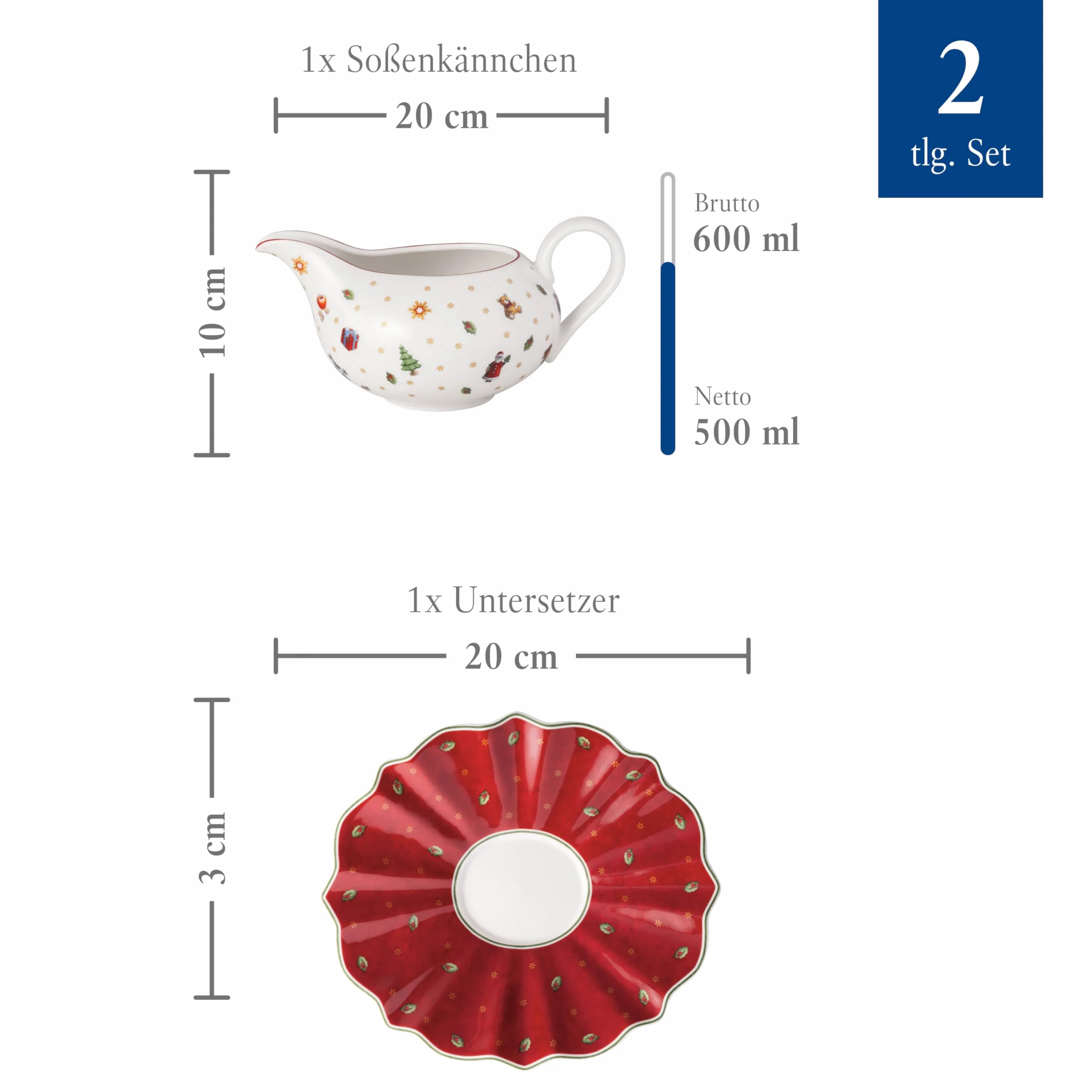Villeroy & Boch – Toy's Delight sosjerka 2 el., ceramiczne naczynie do sosu, porcelanowy dzbanek do sosu, bożonarodzeniowa miseczka na sos, sosjerka porcelanowa, biała