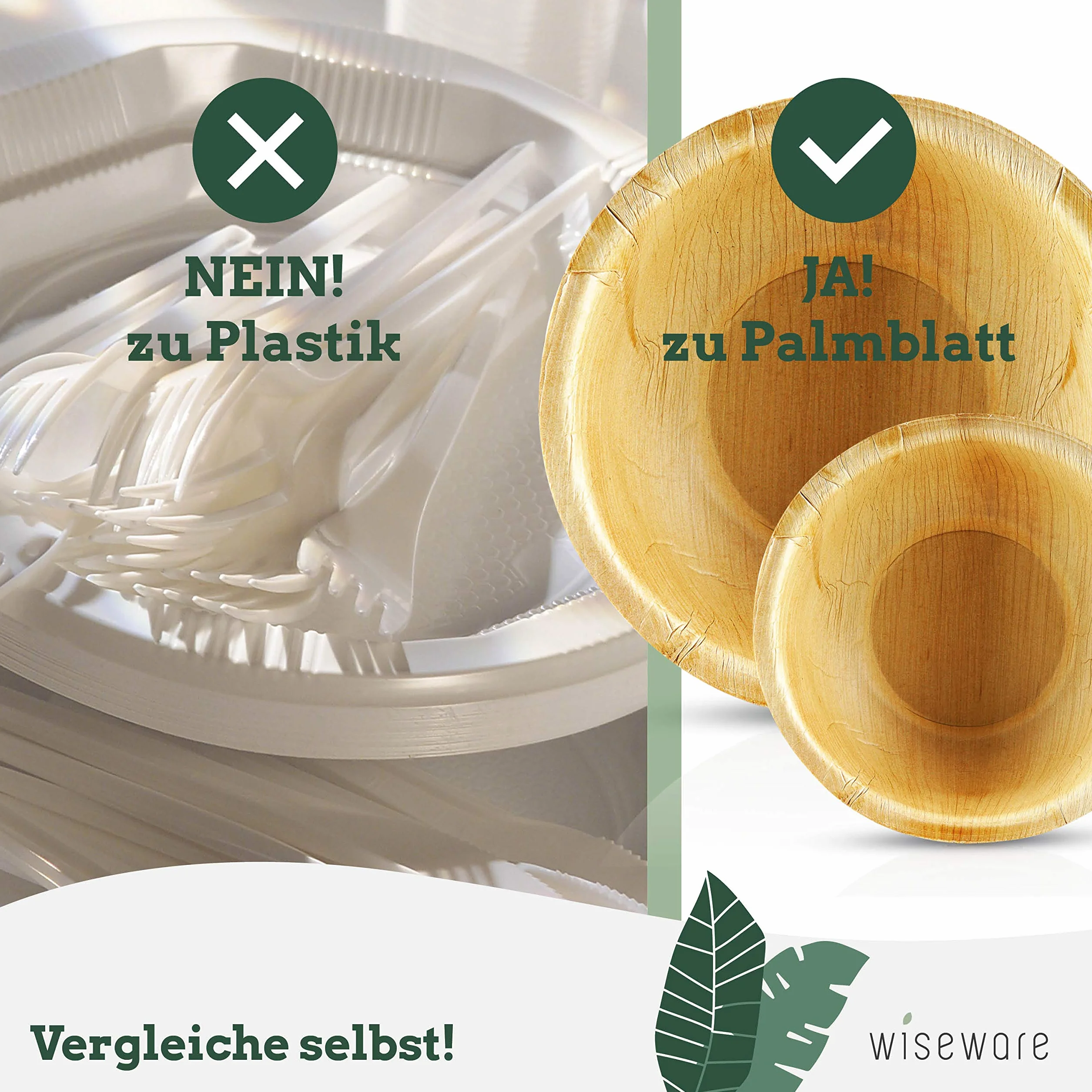 Wiseware Miska z liści palmy 50 sztuk 750 ml Ø 19 cm biodegradowalne kompostowalne naczynia jednorazowe