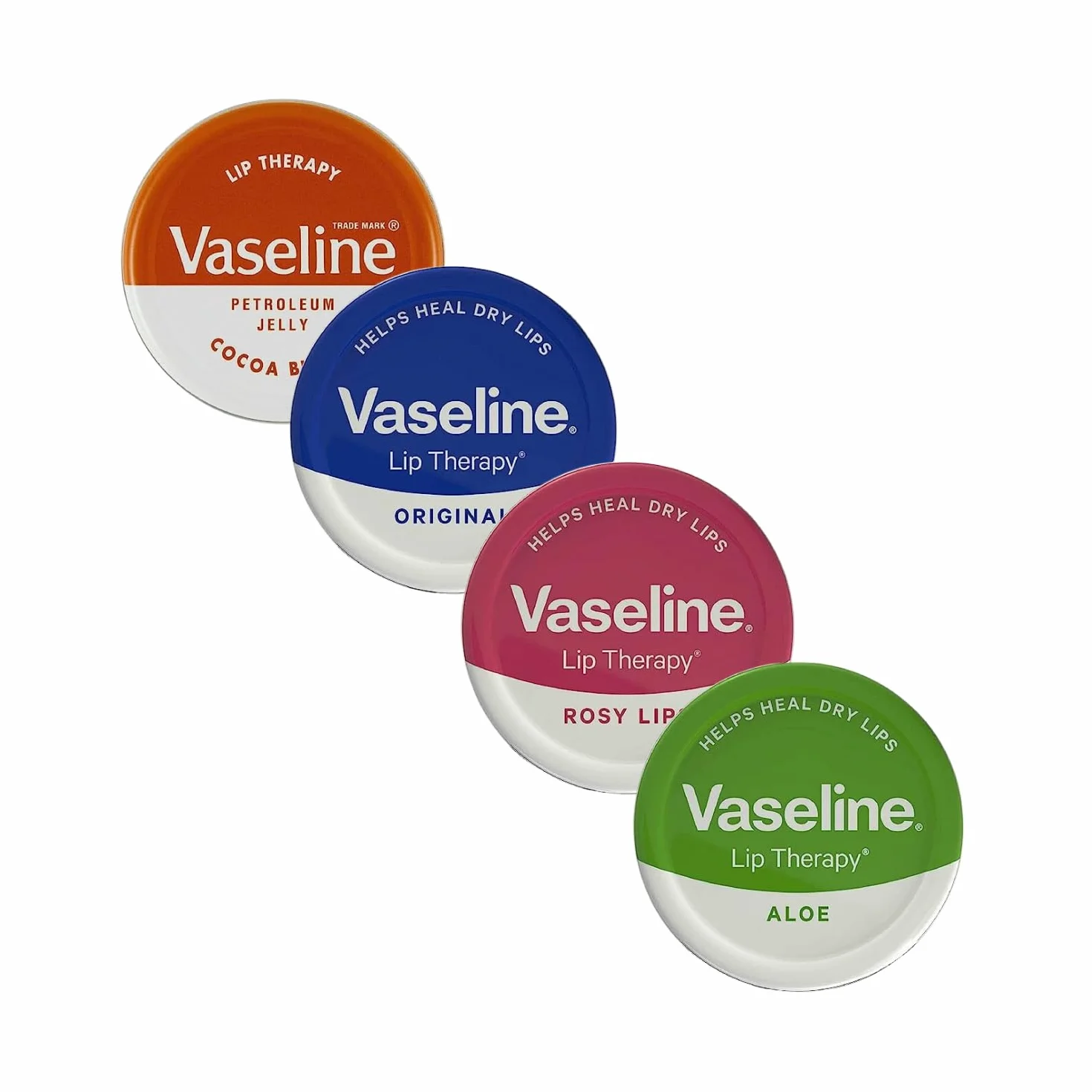 Vaseline Balsam do ust – Petroleum Jelly – Lip Therapy – oryginalny, masło kokosowe, aloes i róż, puszka 20 g, uspokaja suche usta, 4 sztuki
