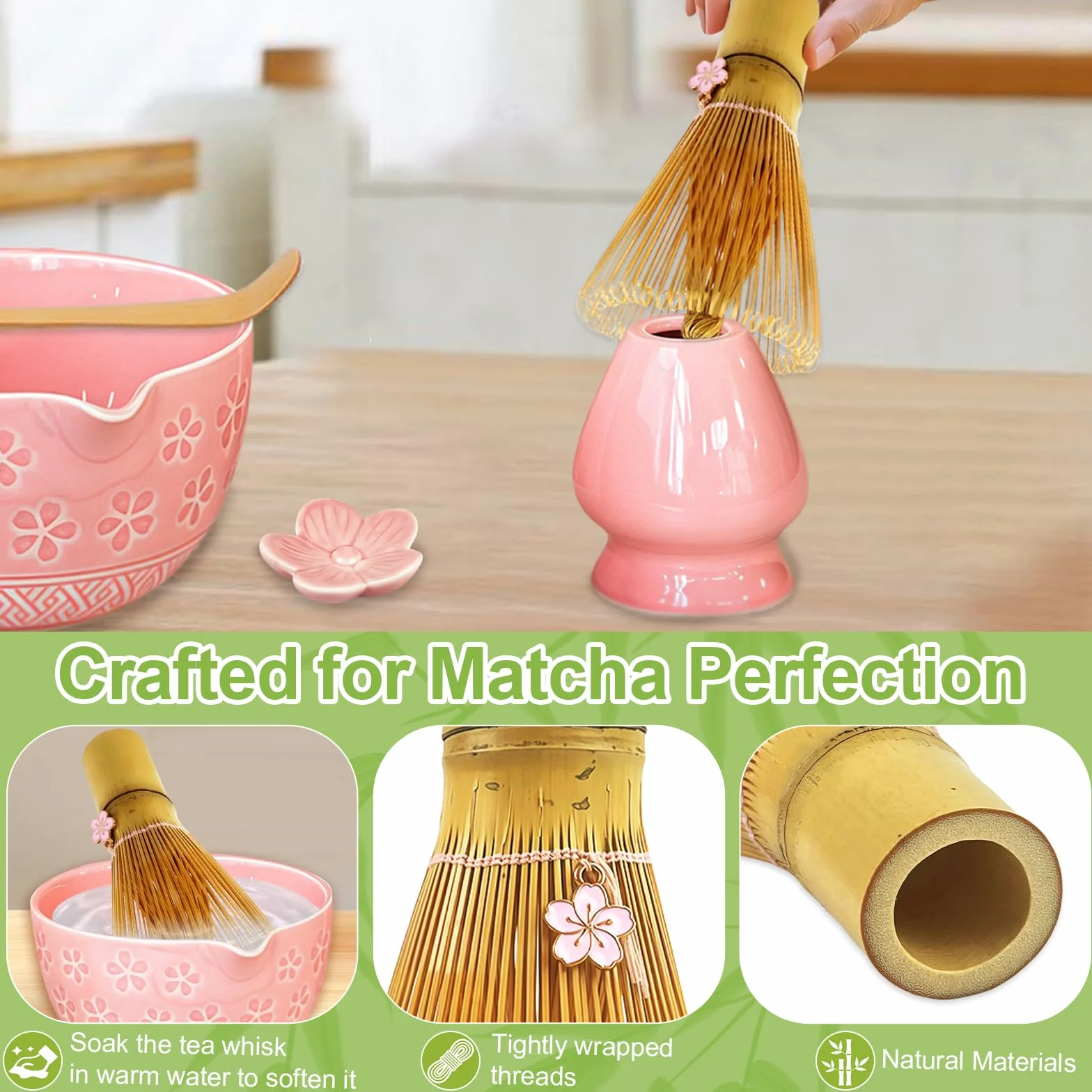 Zestaw matcha różowy 7-częściowy ceramiczny do herbaty z miotłą, miską, sitkiem