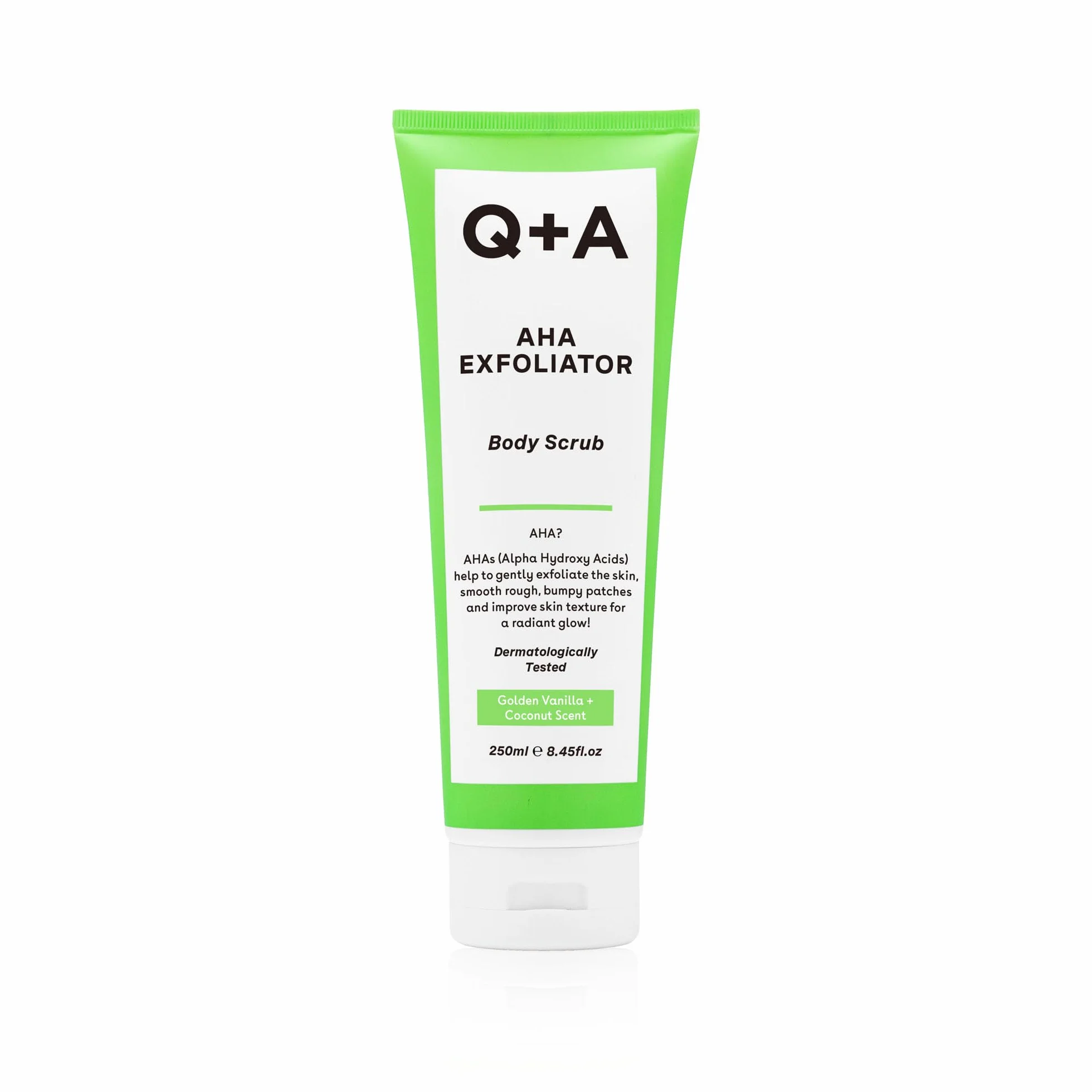 Q+A Peeling AHA do Ciała - Odnowa Skóry. Mieszanka kwasów AHA: kwasu mlekowego i glikolowego w połączeniu z eksfoliantami poprawia teksturę skóry i promuje jej miękkość i elastyczność, 250ml.
