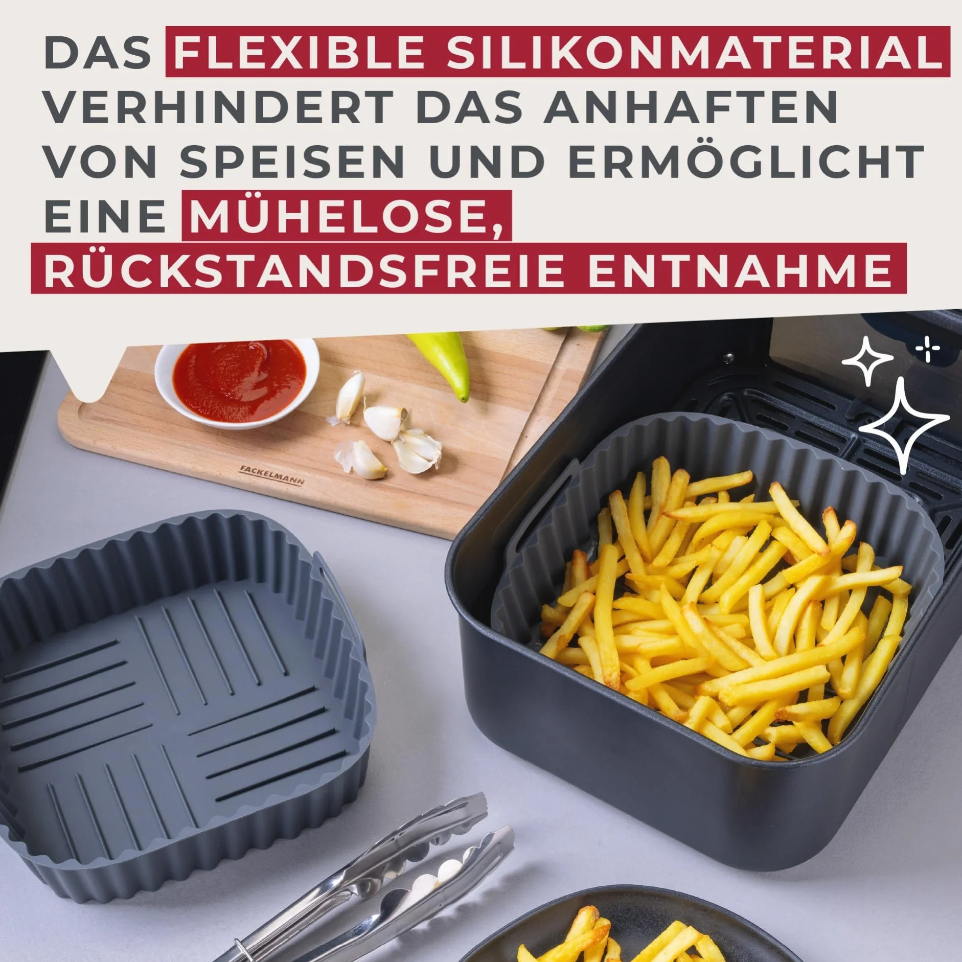 Fackelmann Silikonowa kwadratowa forma do frytkownicy powietrznej 19 cm, nieprzywierająca patelnia wielokrotnego użytku, do 230 stopni C
