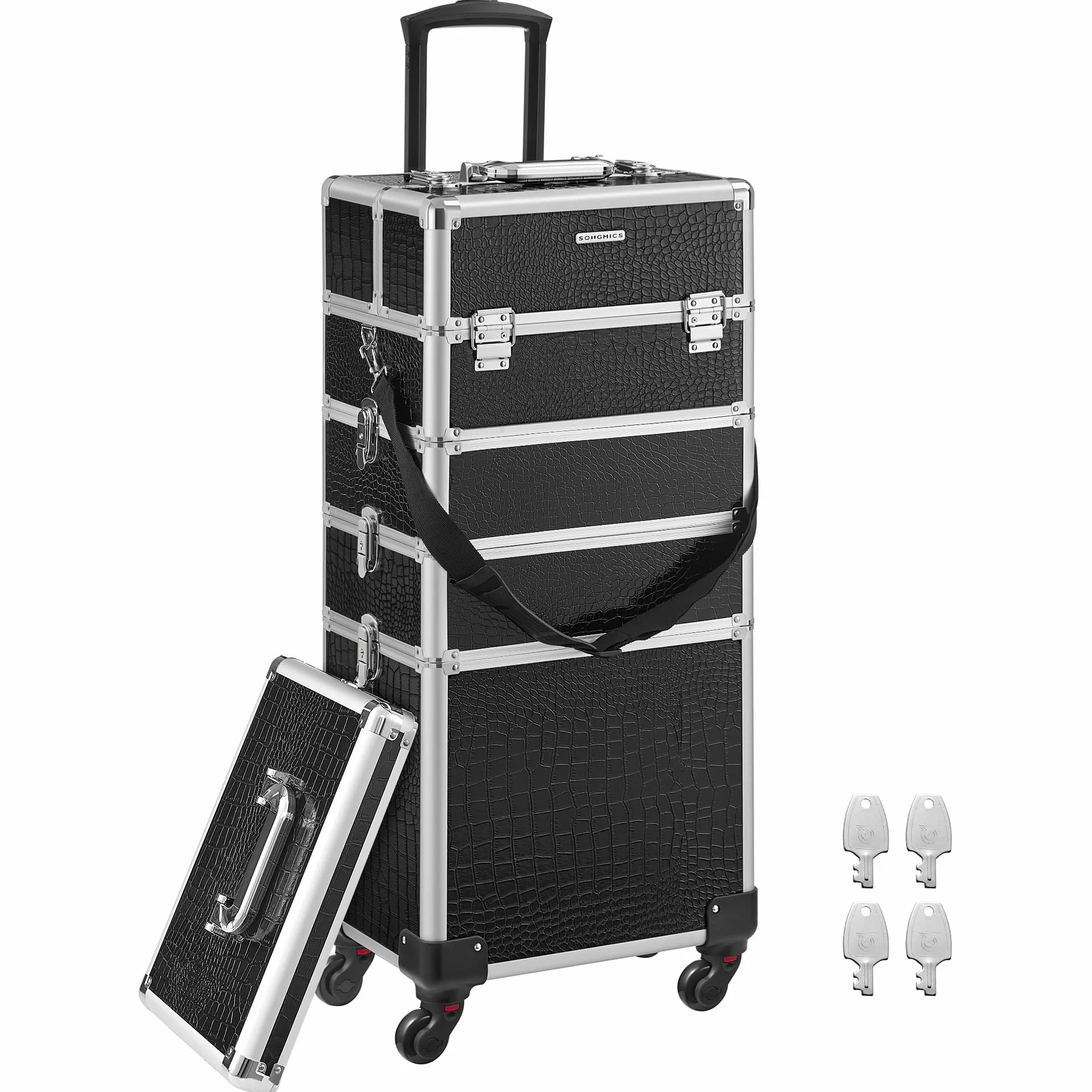 SONGMICS Aluminiowa walizka na kółkach, walizka fryzjerska, kuferek na kosmetyki bez zawartości, bagaż podręczny, Beauty Case, 4 w 1, XXL, czarna JHZ06B