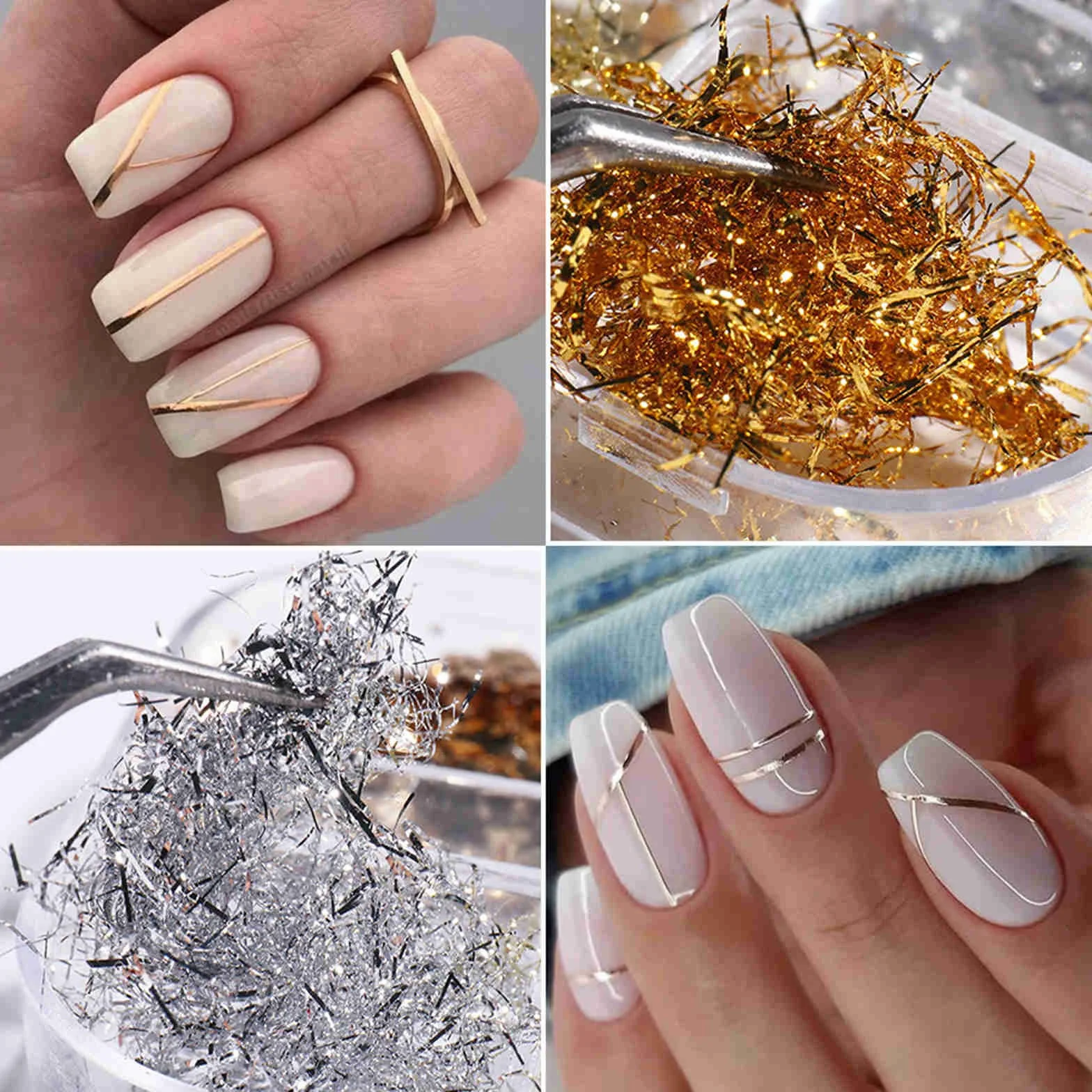 Brokat Złoty Liść Płatki Holograficzne Nail Art - 2 Szt. Papier Foliowy, Mieszanka Liści Srebrny Miedź