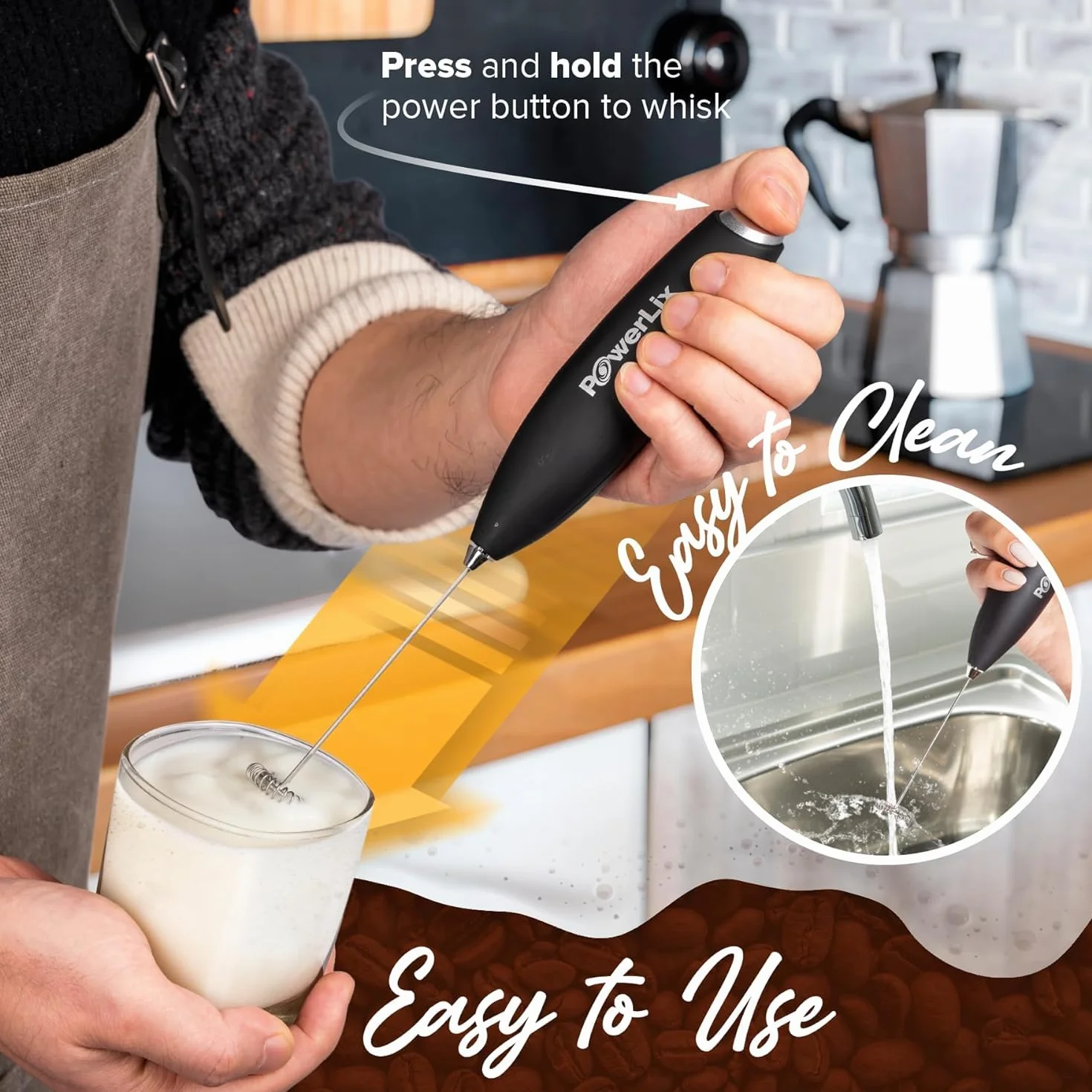 PowerLix Ręczna trzepaczka do mleka, elektryczny spieniacz ze stojakiem ze stali nierdzewnej, 19000 obr./min, mini mikser do kawy latte cappuccino (Czarny)