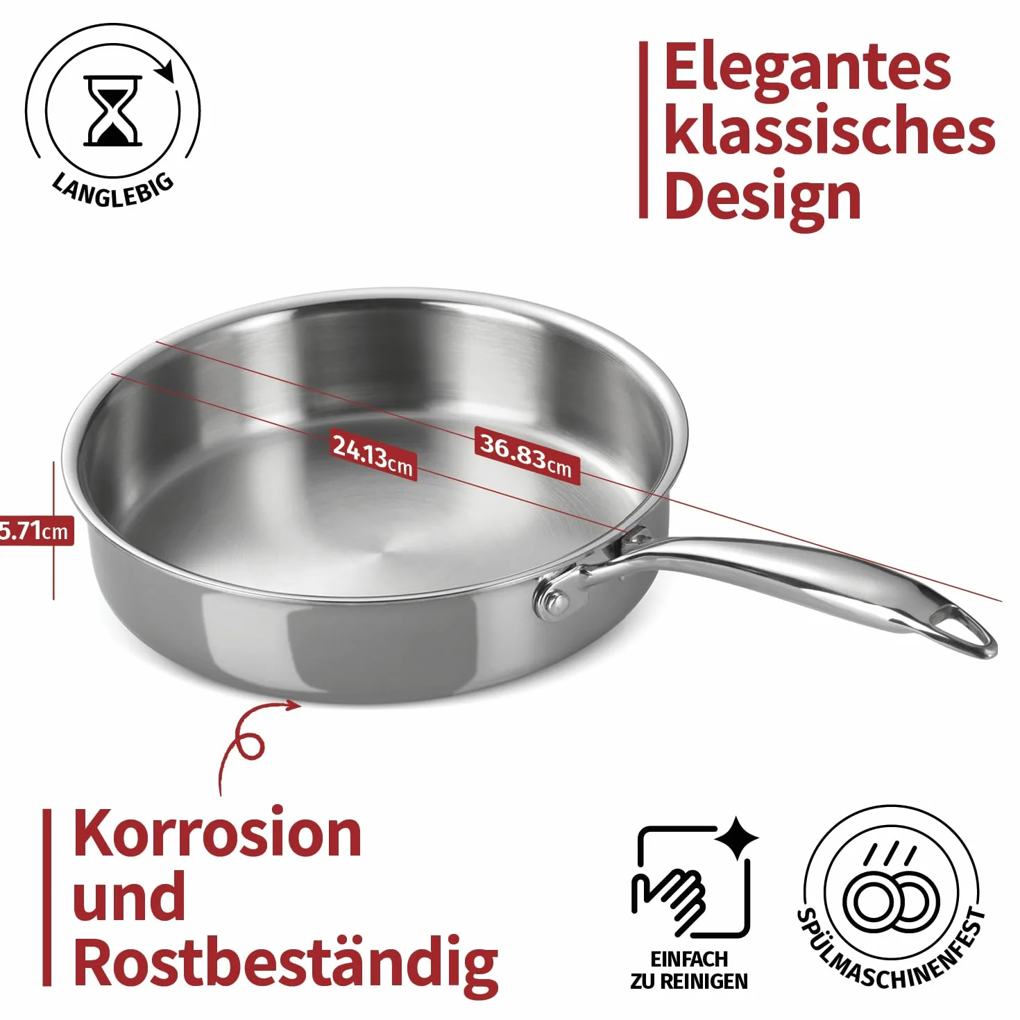 Stainless Steel Frying Pan 24 cm Non-Stick 3-Ply Induction with Aluminum Core Oven-Safe 260°C
