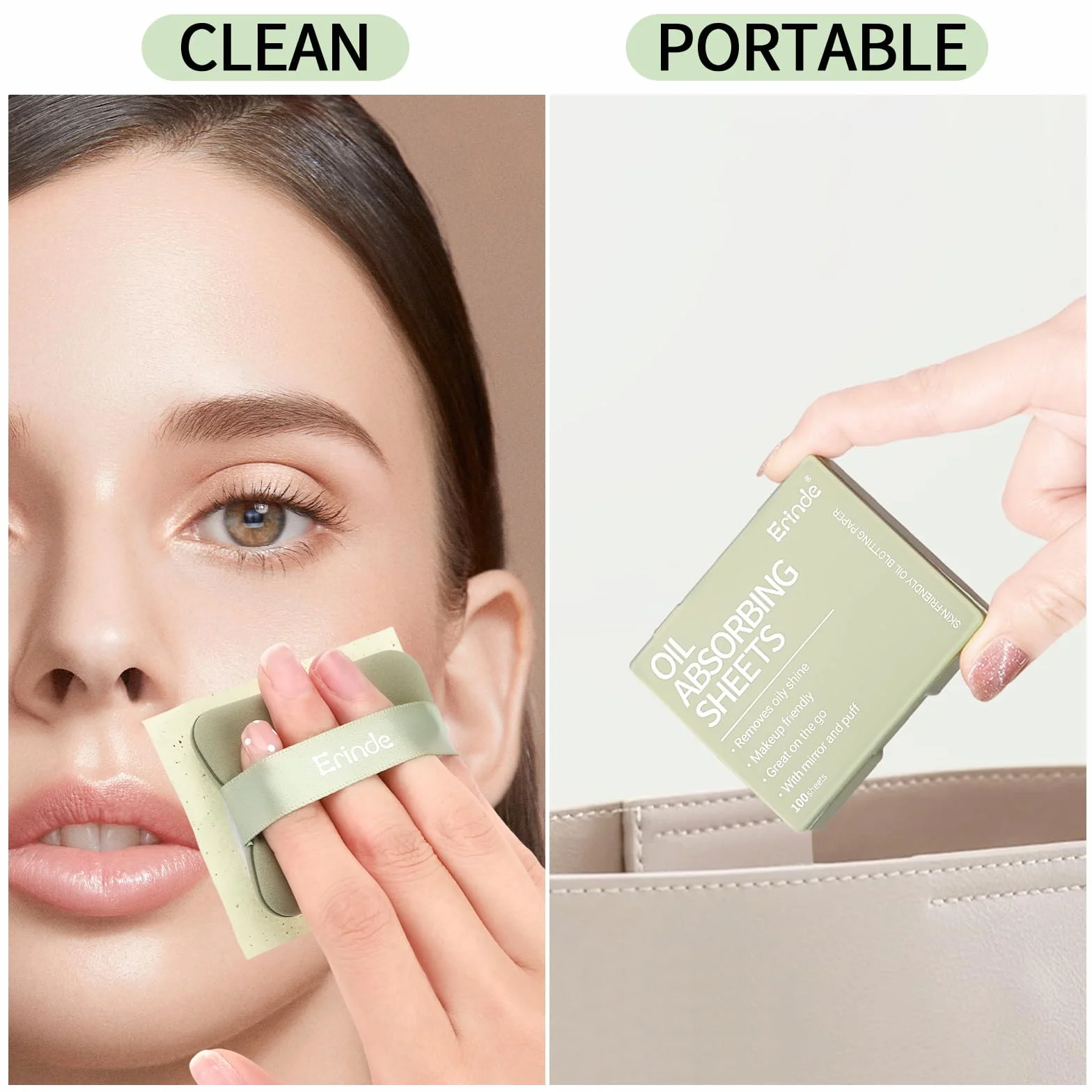 Erinde 100 arkuszy papieru matującego do twarzy, zawiera 1 lustro i 1 gąbkę do czyszczenia, pochłania nadmiar sebum, odpowiedni dla wszystkich rodzajów skóry