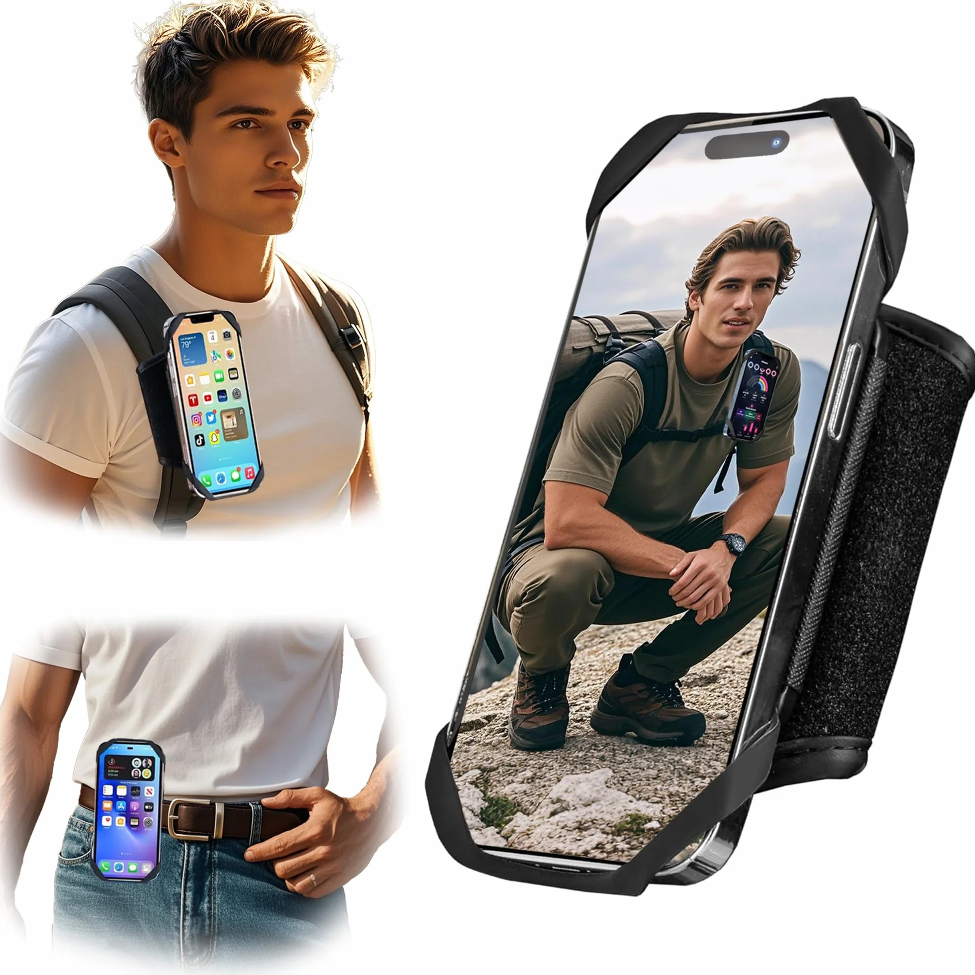 Plecak na telefon, klips na pasek do plecaka 2 w 1 i uchwyt na telefon do iPhone'a 11.4-17.8 cm, obracany o 360°, zdejmowany, bezpieczne dopasowanie 4-7 cm szerokie paski plecaka, idealny na