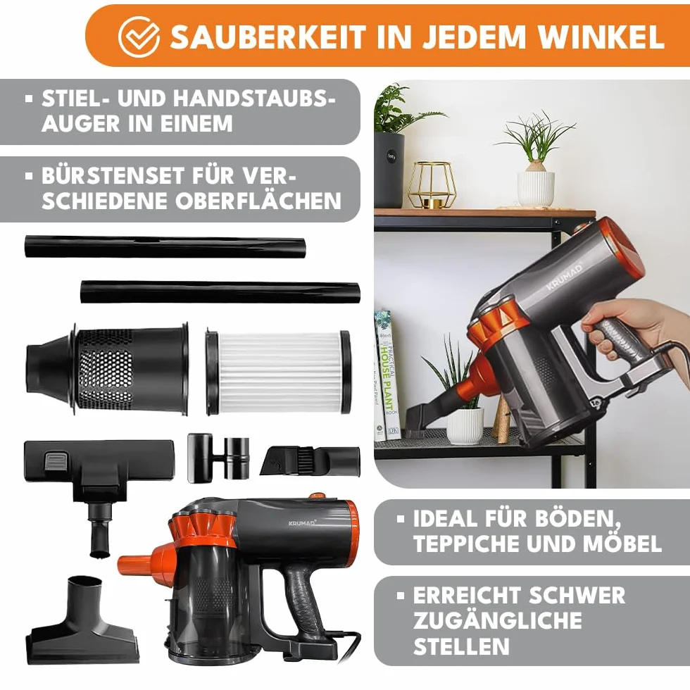 KRUMAD Odkurzacz pionowy 600W Bezworkowy HEPA 1,5L
