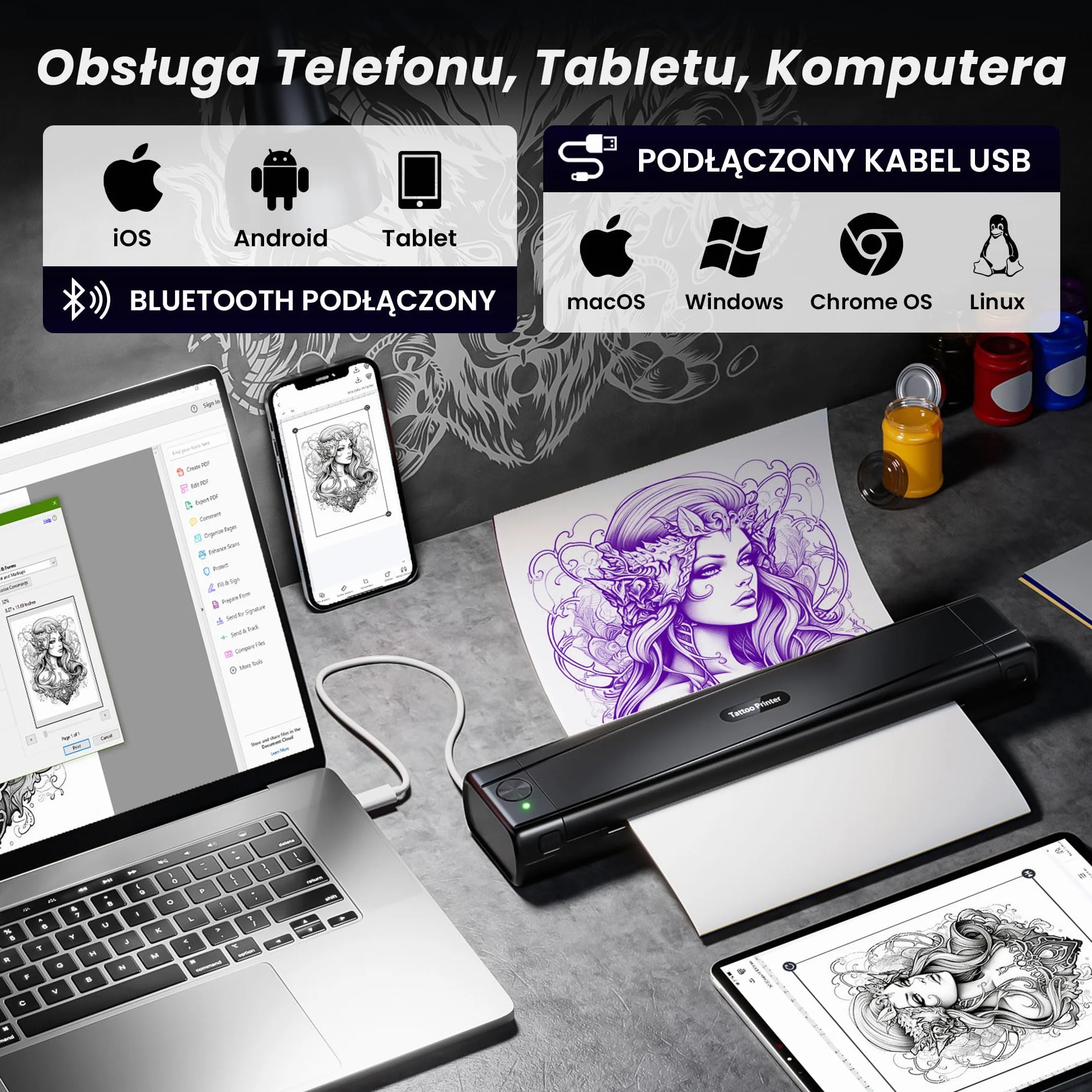 TATTMUSE Drukarka do tatuażu Bluetooth, drukarka szablonowa, 10 sztuk papieru, drukarka transferowa do tatuażu ze smartfonem, PC, drukarka termiczna dla artystów tatuażu i początkujących