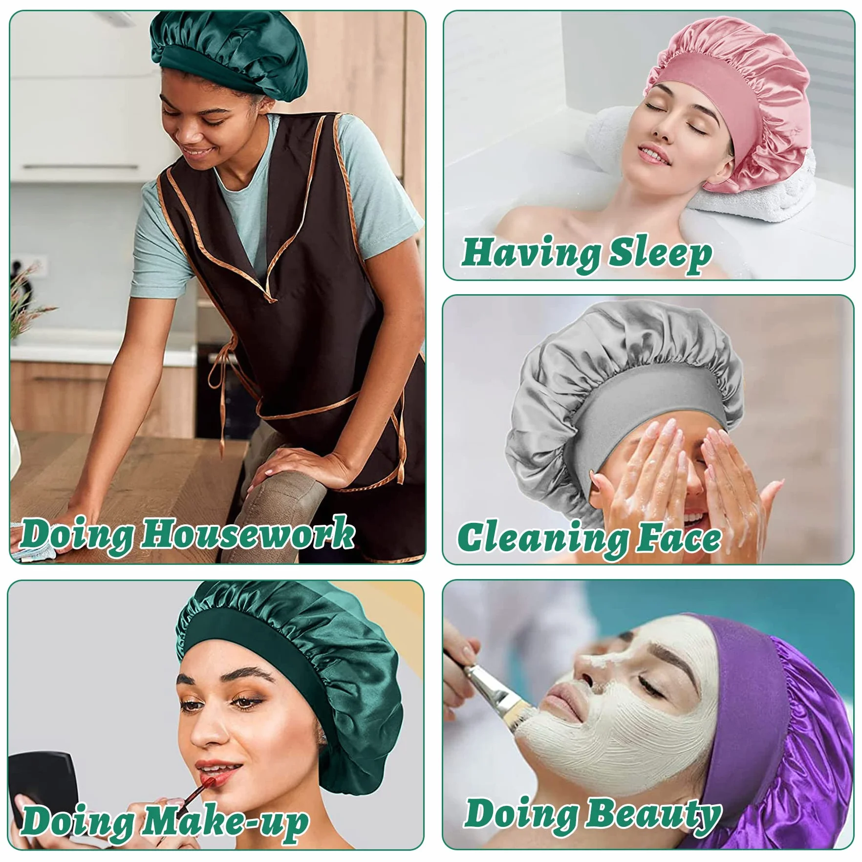 4 Stück Satin Haarhaube Nacht Schlafhaube mit 4er Elastische Haargummis, Verstellbare Schlafmütze Satin Bonnet Nachtmütze Haube Duschhaube Schlafkappe Seidenhaube für Damen und Mädchen