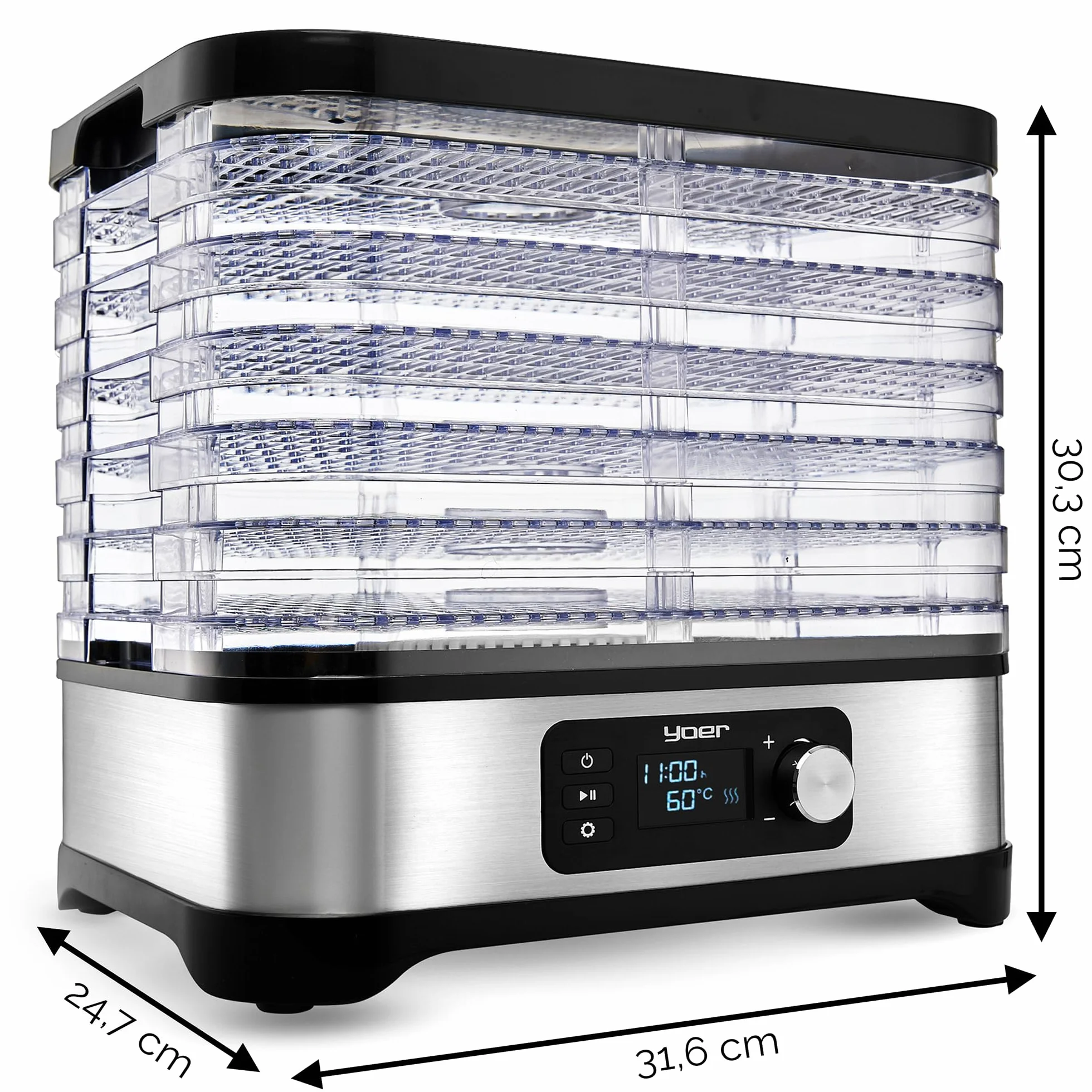 Yoer Suszarka do żywności, Stal nierdzewna, 450W, 6 tacek + 9 akcesoriów, 4725 cm², Timer 24h, wyświetlacz LED, BPA Free, Suszarka do grzybów, owoców i warzyw, dehydrator, VitaSave FD01S