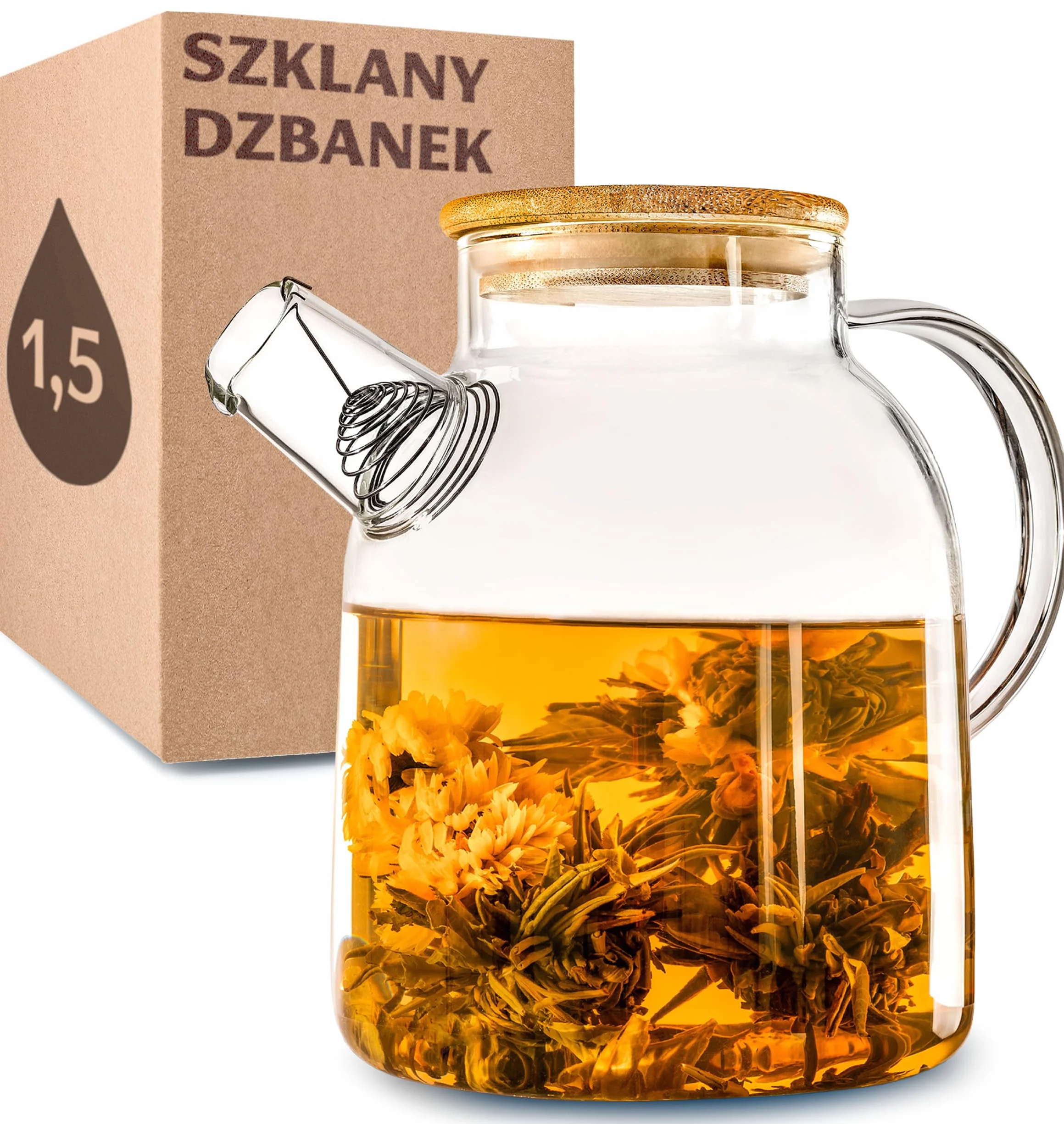Szklany Dzbanek 1,5 l z Pokrywką Bambusową i Filtrem do Napojów