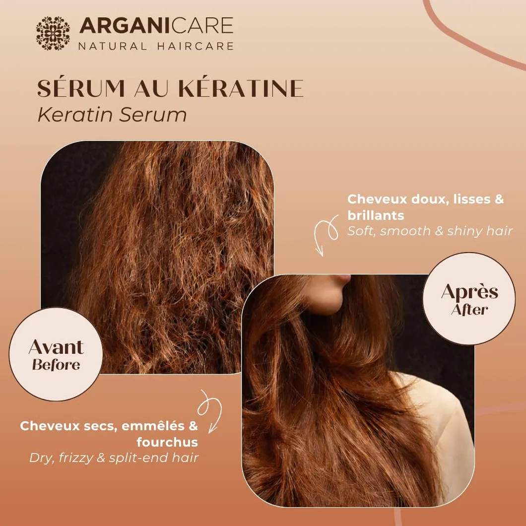 Arganicare | Seria keratynowa | SERUM REPARATACYJNE I ODŻYWCZE | Z organiczną keratyną | Wzmacnia i Chroni | Nie puszące się | Wysokie nawilżenie | Włosy suche i zniszczone | 100 ml