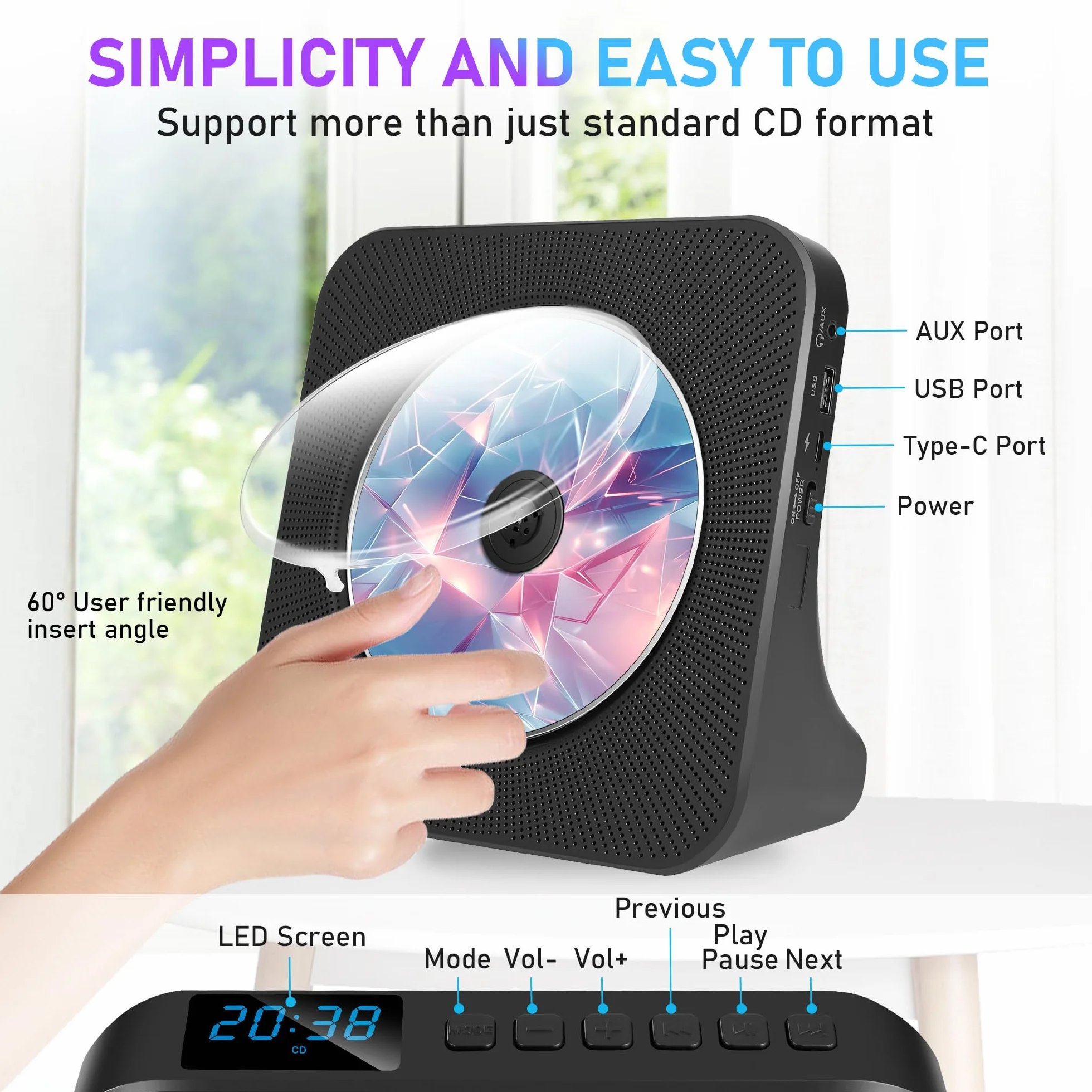 Biurkowy odtwarzacz CD z Bluetooth 5.0, odtwarzacz CD z wbudowanymi podwójnymi głośnikami stereo, przenośny odtwarzacz muzyka z radiem FM/Audio Boombox/AUX/USB