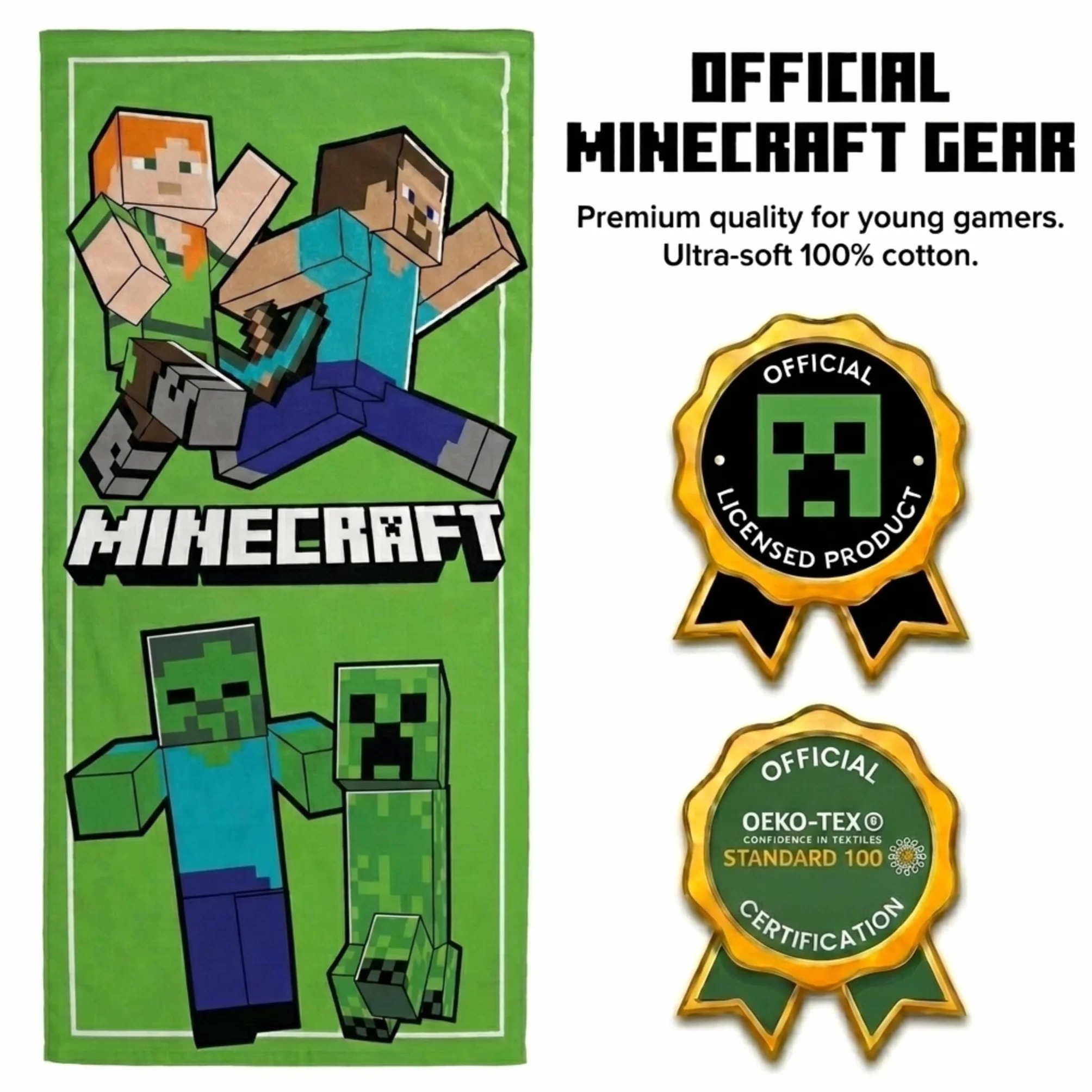 Jay Franco Kids Minecraft 100% bawełniany ręcznik plażowy – 71 x 147 cm, super miękki ręcznik kąpielowy, basenowy i podróżny, oficjalny produkt licencjonowany, zielony