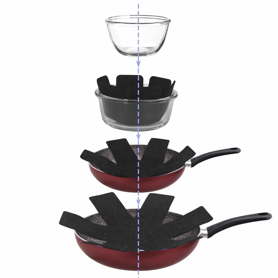 flintronic Ochraniacze na patelnię, zestaw 8 i 3 różnych rozmiarów (38/35,5/26 cm), separatory patelni do układania w stos, naczynia kuchenne w szafce kuchennej, czarne