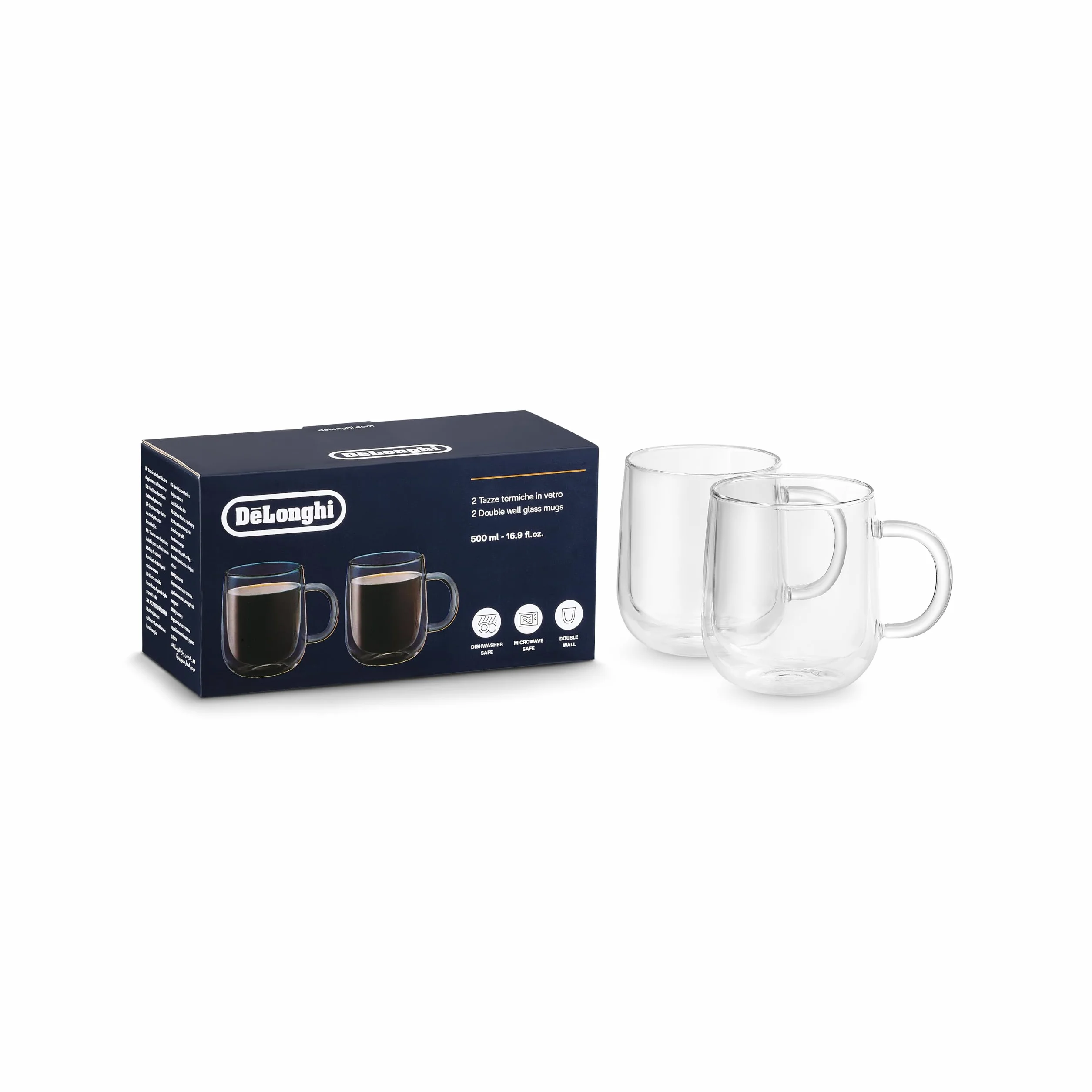 De'Longhi DLSC327 Podwójne ścianki termiczne szklane kubki do kawy, kolekcja Hot&Cold, 2-częściowy zestaw, pojemność 500 ml