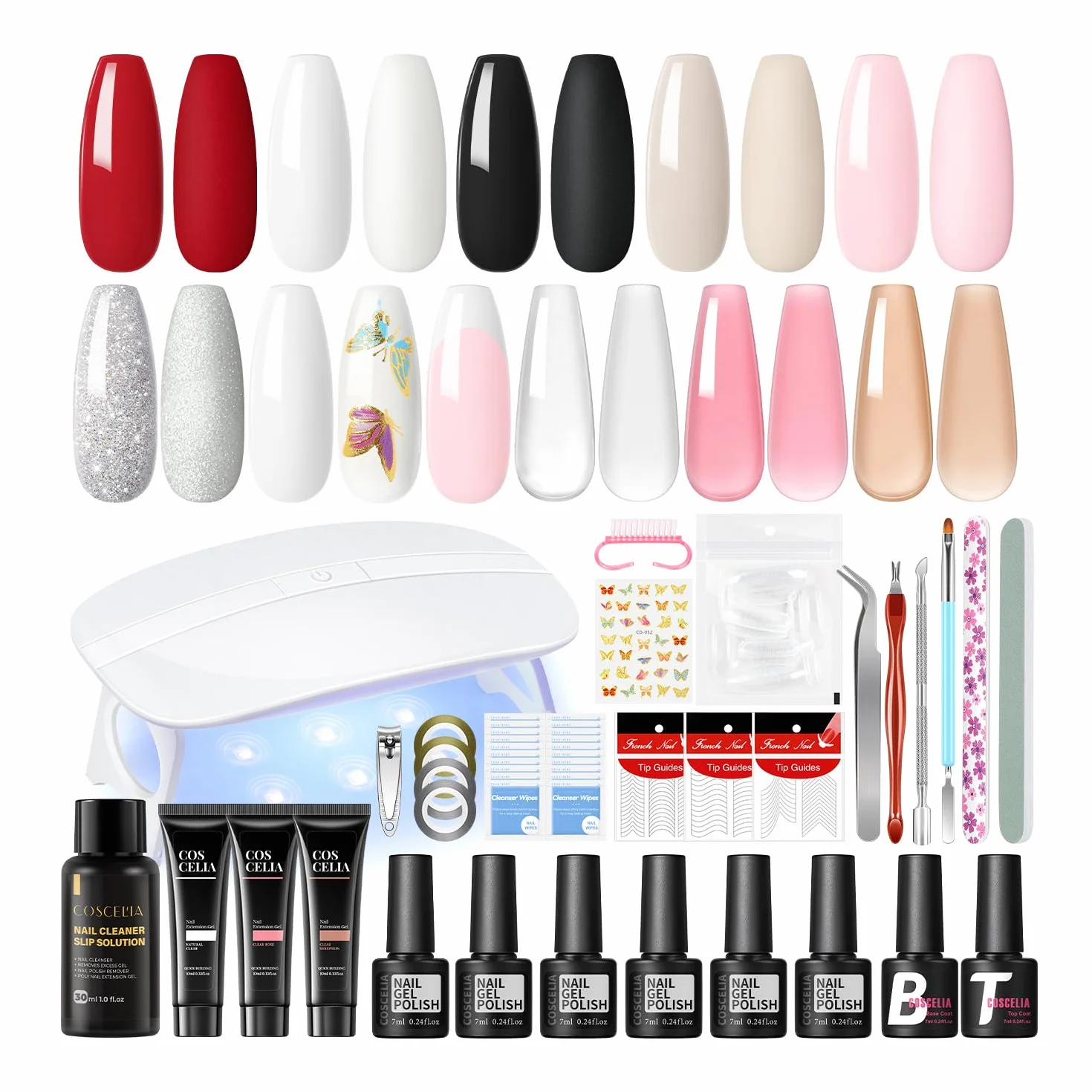 COSCELIA Kompletny zestaw do manicure, 6 szt., półtrwały lakier biały, czerwony, różowy, czarny, 3 szt. żelowych paznokci z lampą do paznokci
